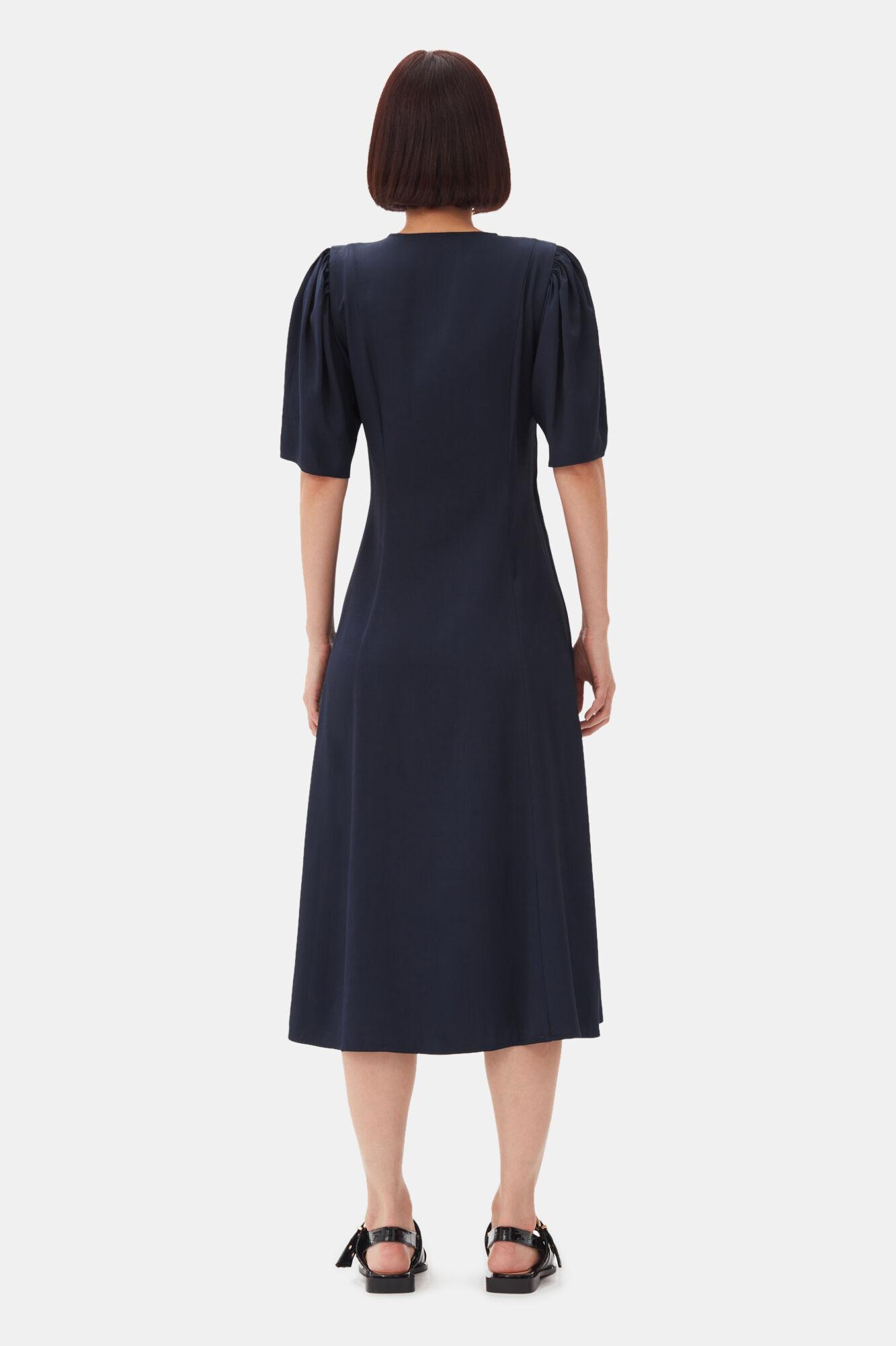 Navy Blue Viscose Twill Wrap Midi Dress Product Image