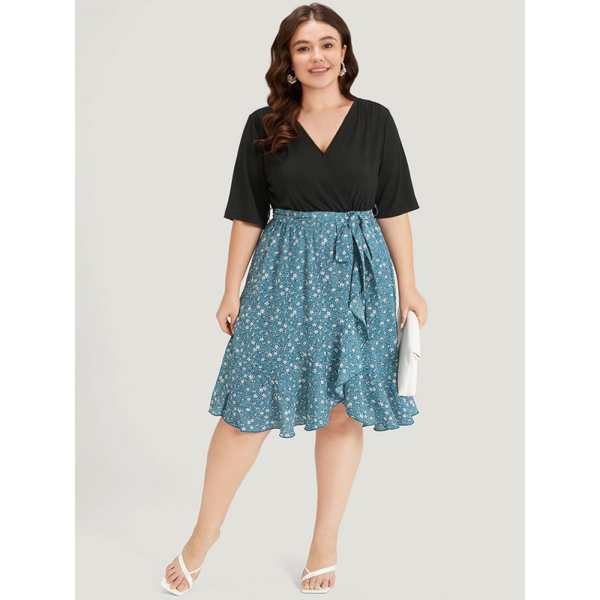 Plus Size Ditsy Floral Pocket Patchwork Belted Wrap Ruffle Dress Cerulean Women Office Plain V-neck Half Sleeve Curvy Knee Dress BloomChic 18-20/2X Product Image