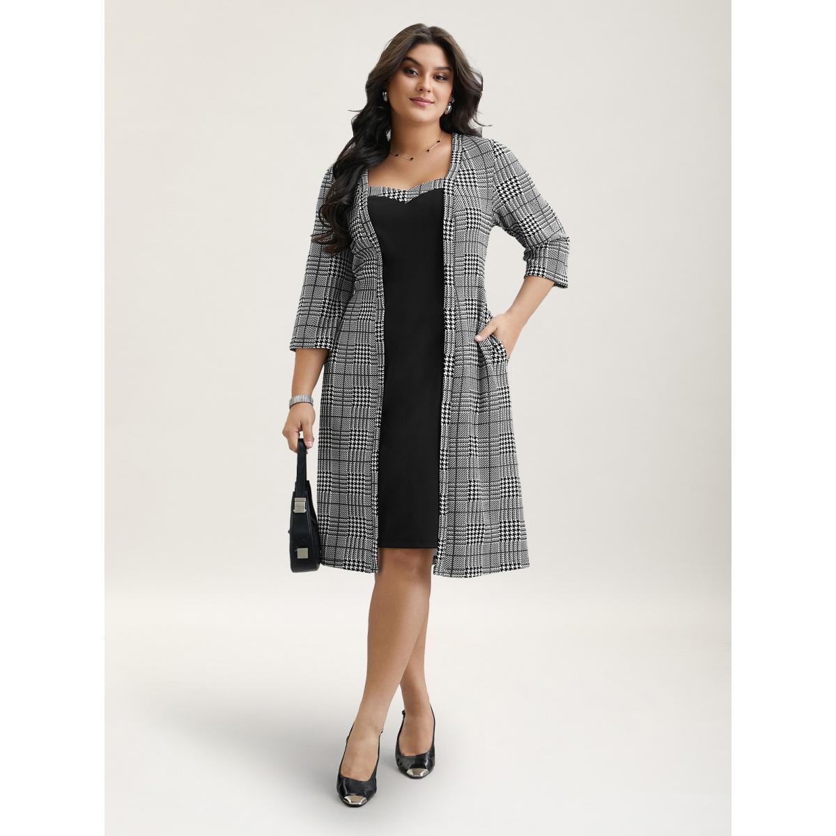 Plus Size Houndstooth Print Waist-Cinched Patchwork Midi Dress BlackFlower Women Office Patchwork Knit Dresses Bloomchic 28/5X Product Image