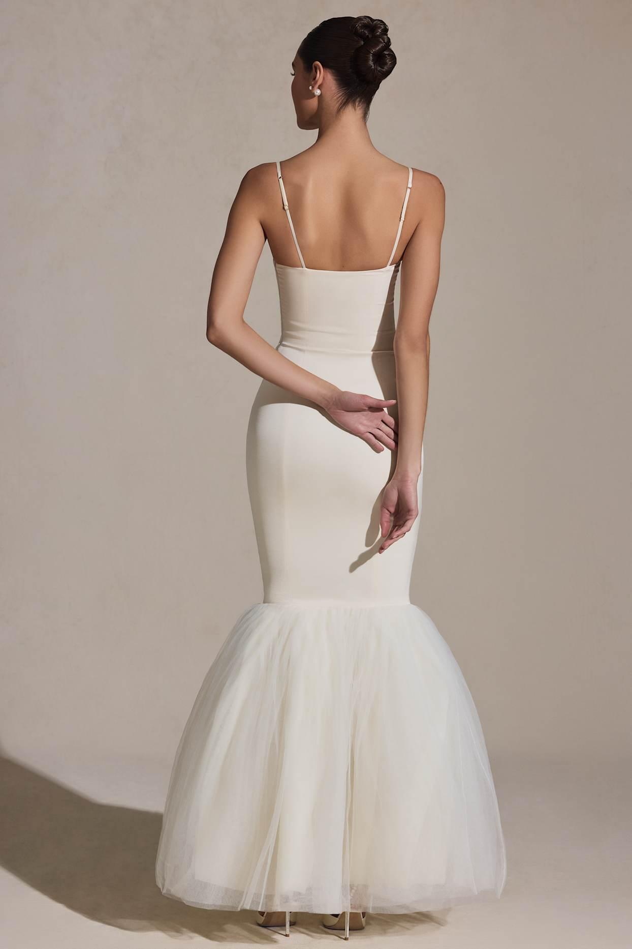 Tulle Hem Fishtail Gown in Ivory Product Image