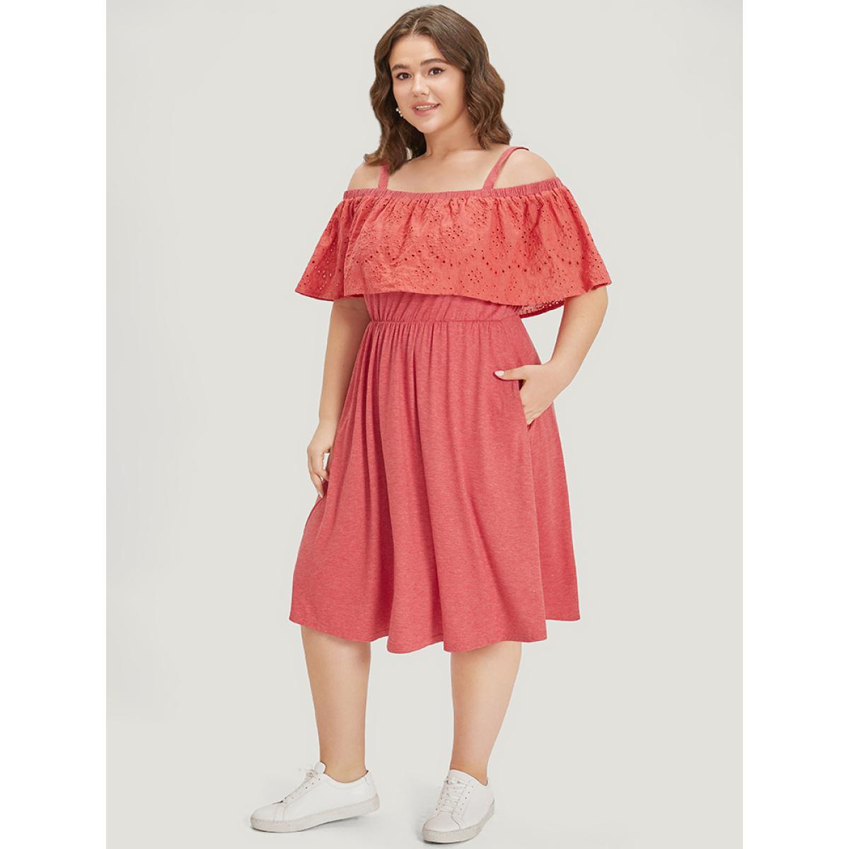 Plus Size Supersoft Essentials Cold Shoulder Broderie Anglaise Layered Dress OrangeRed Women Casual Adjustable Straps Cold Shoulder Short sleeve Curvy Midi Dress BloomChic 14-16/1X Product Image