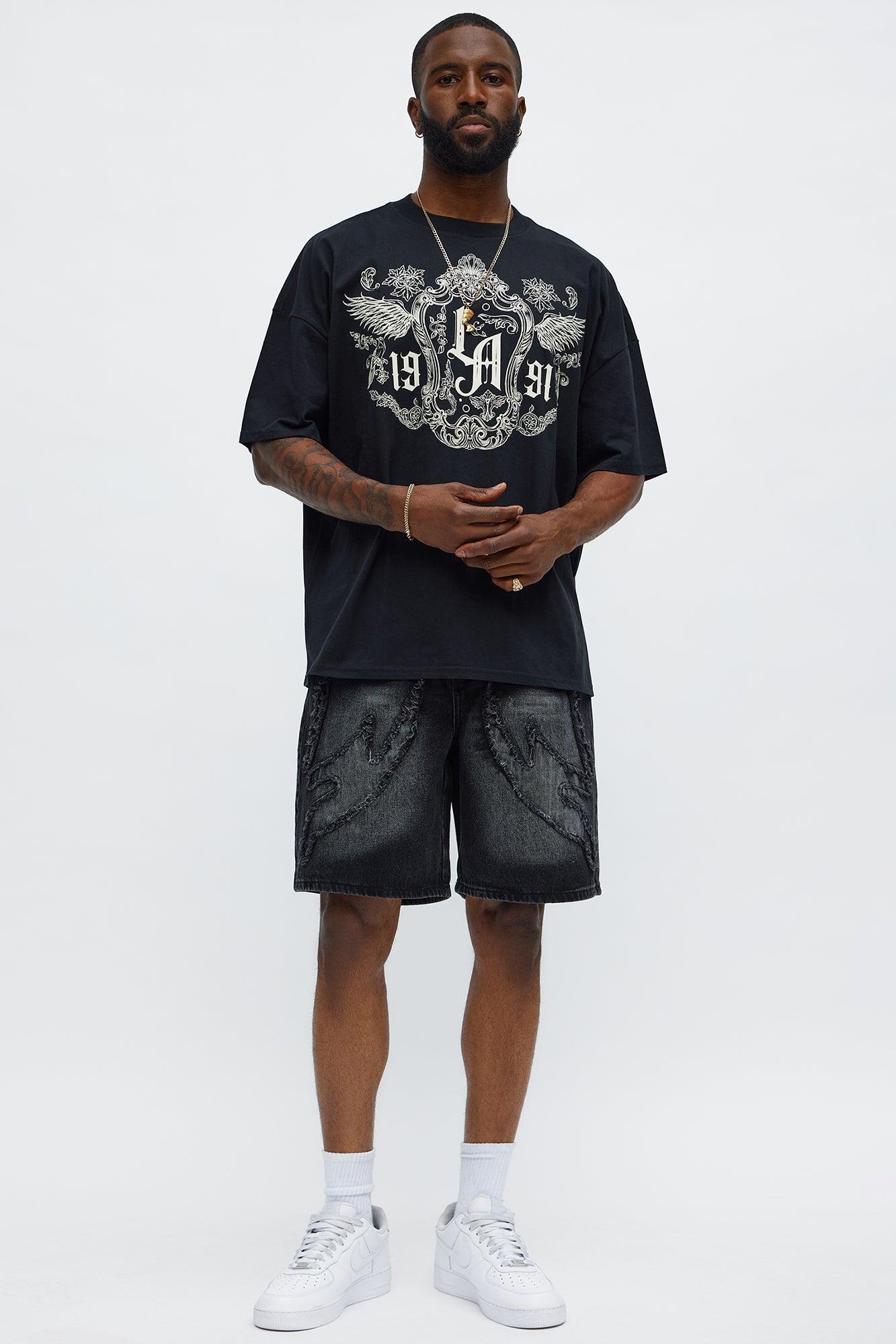 Relaxed Rugged Fray Denim Shorts - Black Wash Product Image