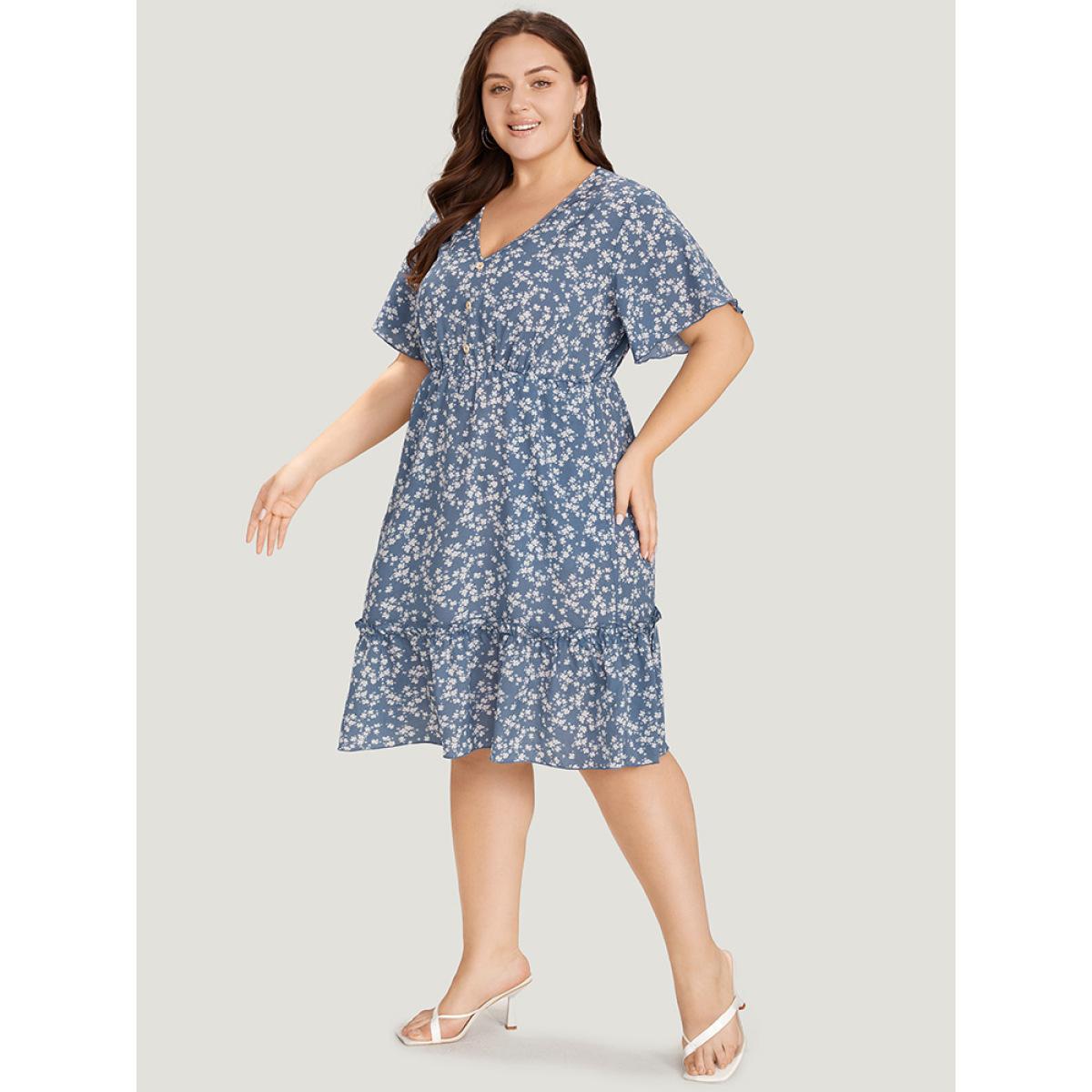 Plus Size Ditsy Floral Elastic Waist Button Detail Pocket Ruffles Dress LightBlue Women Elegant V-neck Short sleeve Curvy Midi Dress BloomChic 28/5X Product Image