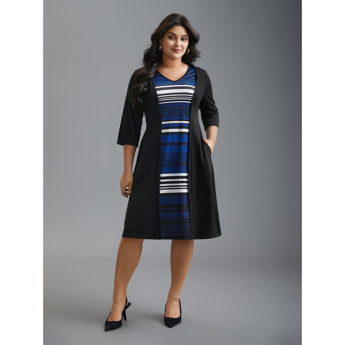 Plus Size Striped Patchwork Contrast Knit Dress Black Women Elegant Contrast Knit Dresses Bloomchic 28/5X Product Image