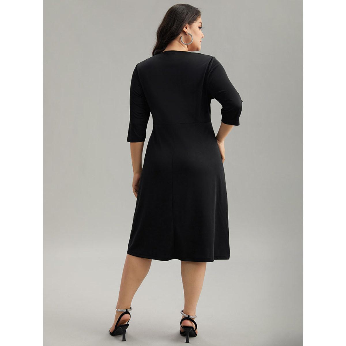 Plus Size Round Neck Sequin Pearl Beaded Dress Black Women Glamour Beaded Round Neck Elbow-length sleeve Curvy Midi Dress BloomChic 14-16/1X Product Image