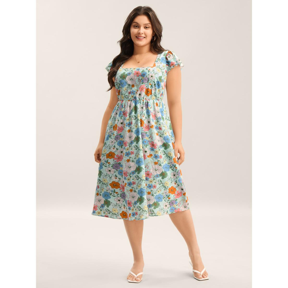 Plus Size Floral Print Flutter Sleeve Pockets Midi Dress LightBlue Women Timeless Square Neck Cap Sleeve Curvy BloomChic 30/6X Product Image