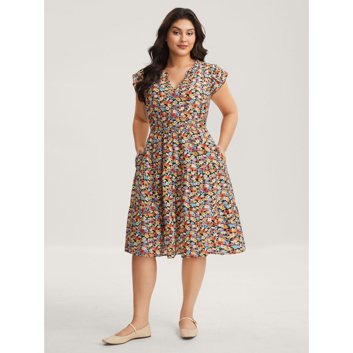 Plus Size Rayon Colorful Floral Print Tiered Pockets Midi Dress Multicolor Women Leisure Notched collar Cap Sleeve Curvy BloomChic 26/4X Product Image