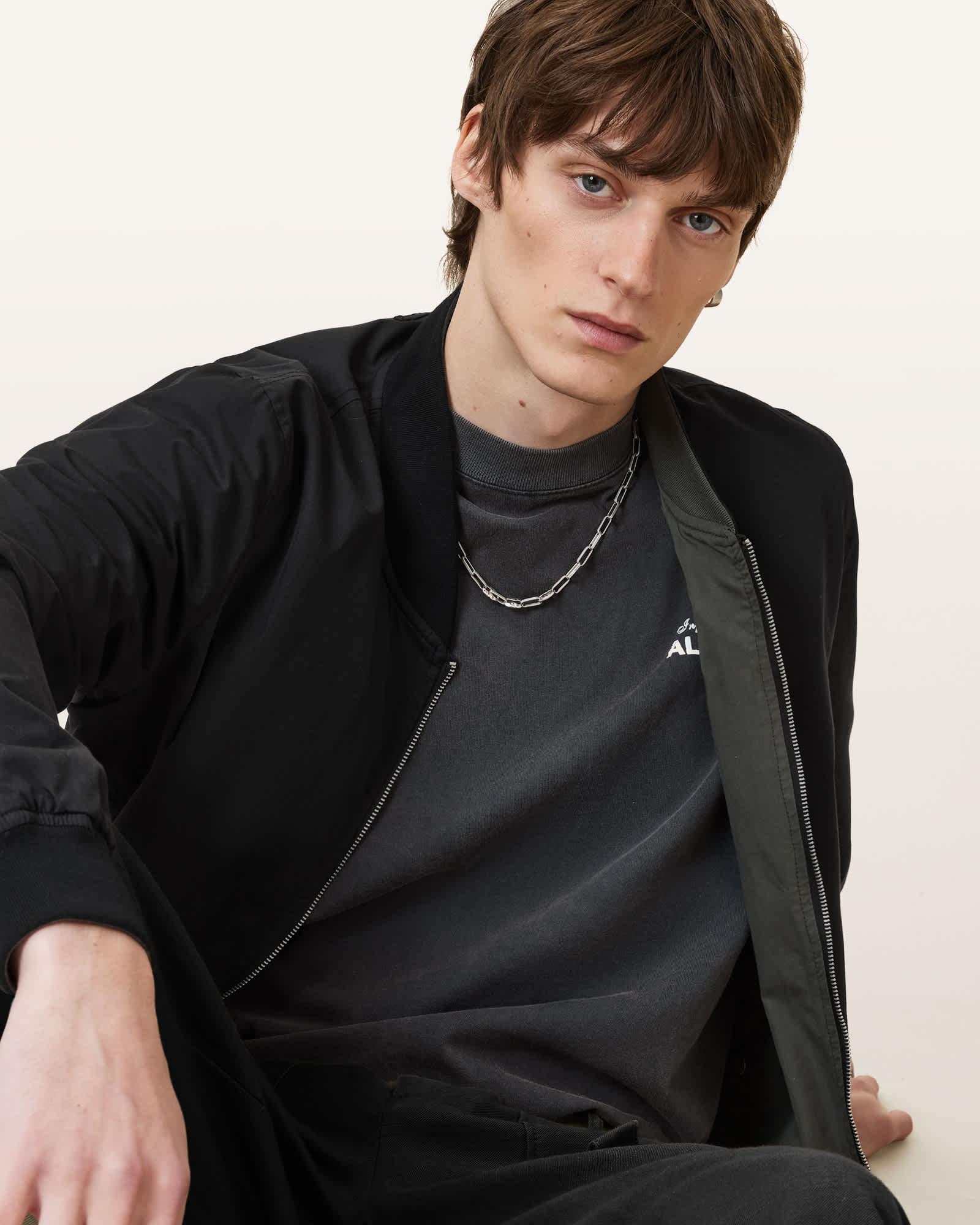 Bassett Reversible Ramskull Bomber Jacket BLACK/KHAKI BROWN | ALLSAINTS US Product Image
