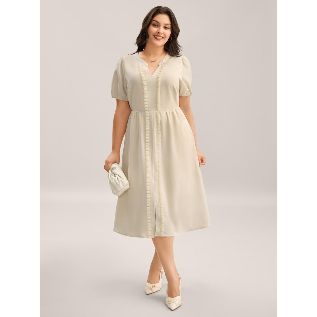 Plus Size Lace Trim Solid Pockets Midi Dress Beige Women Flat collar Short sleeve Curvy BloomChic 14-16/1X Product Image