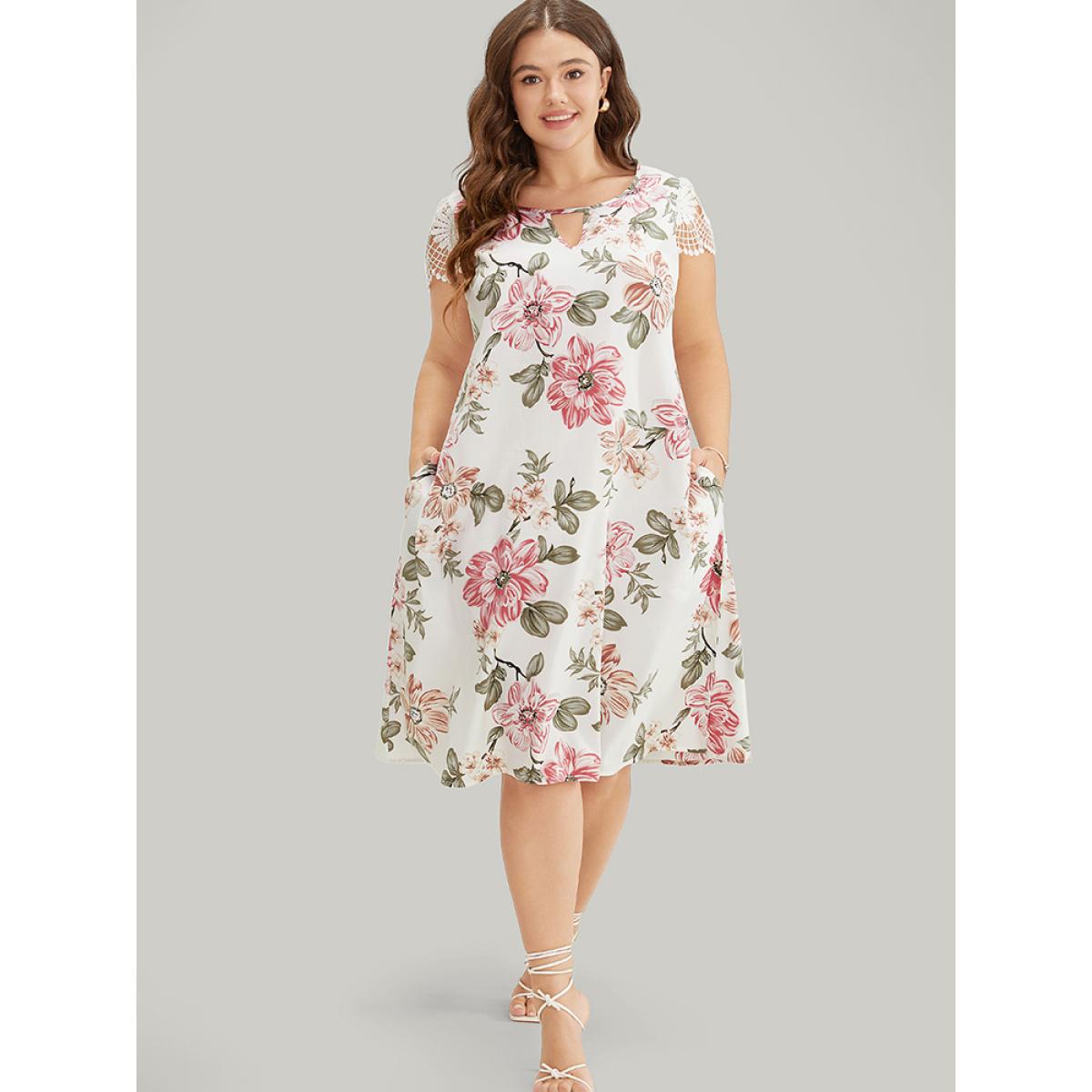 Plus Size Floral Pocket Keyhole Lace Cap Sleeve Flutter Dress Multicolor Women Elegant Printed Keyhole Cut-Out Cap Sleeve Curvy Knee Dress BloomChic 26/4X Product Image