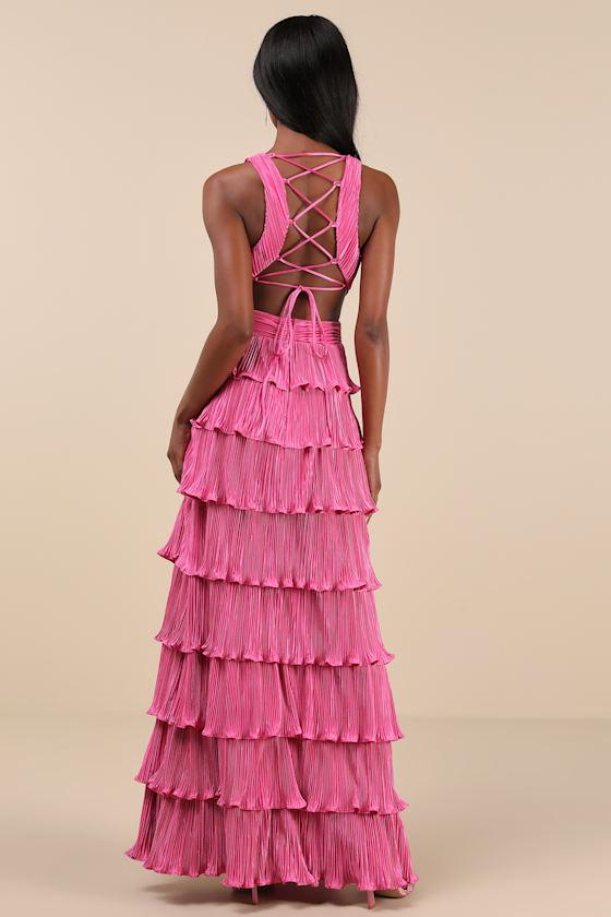 Beauty Icon Pink Satin Pleated Tiered Lace-Up Maxi Dress Product Image