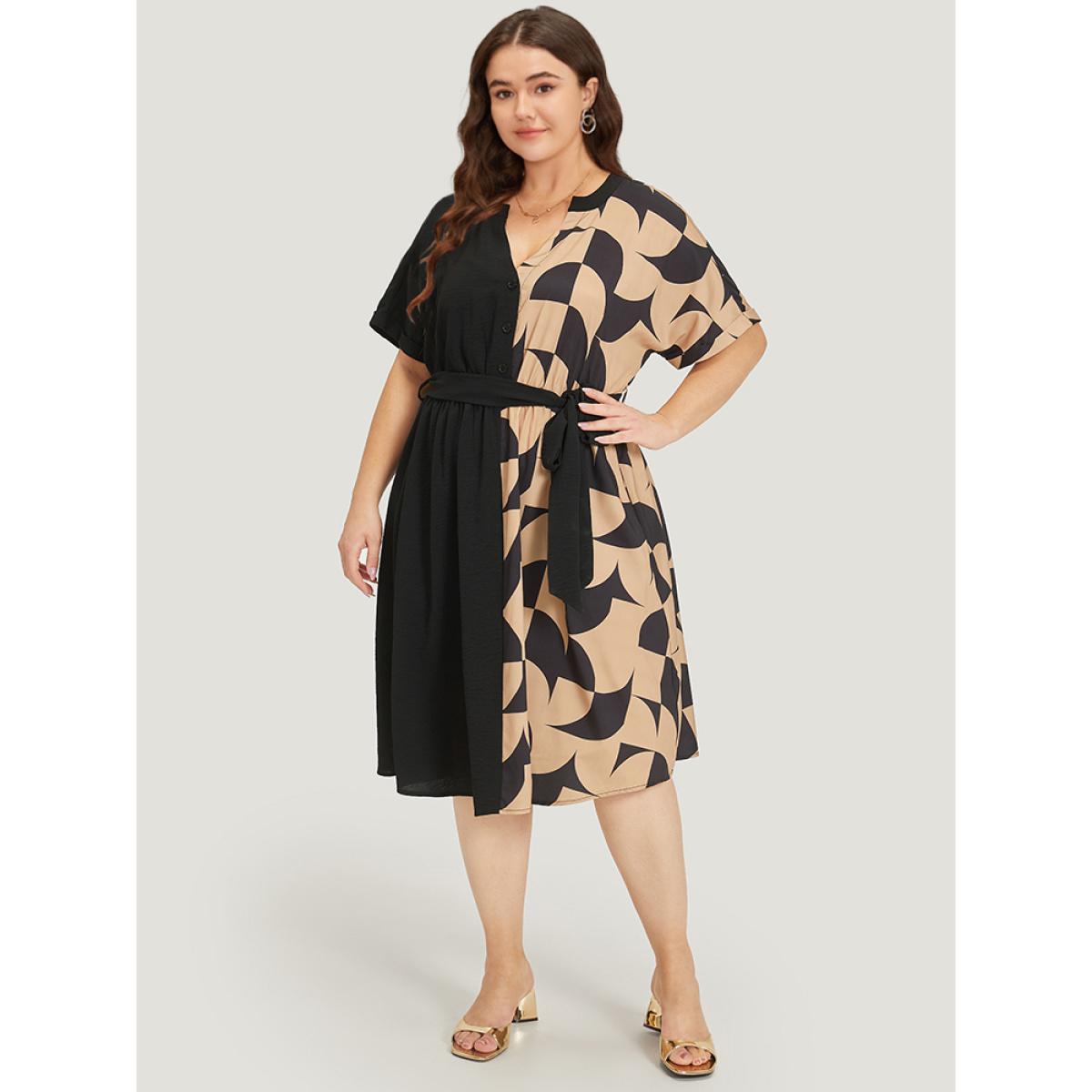 Plus Size Geometric Patchwork Pocket Belted Notched Dress Bronze Women Office Plain Notched collar Short sleeve Curvy Midi Dress BloomChic 30/6X Product Image