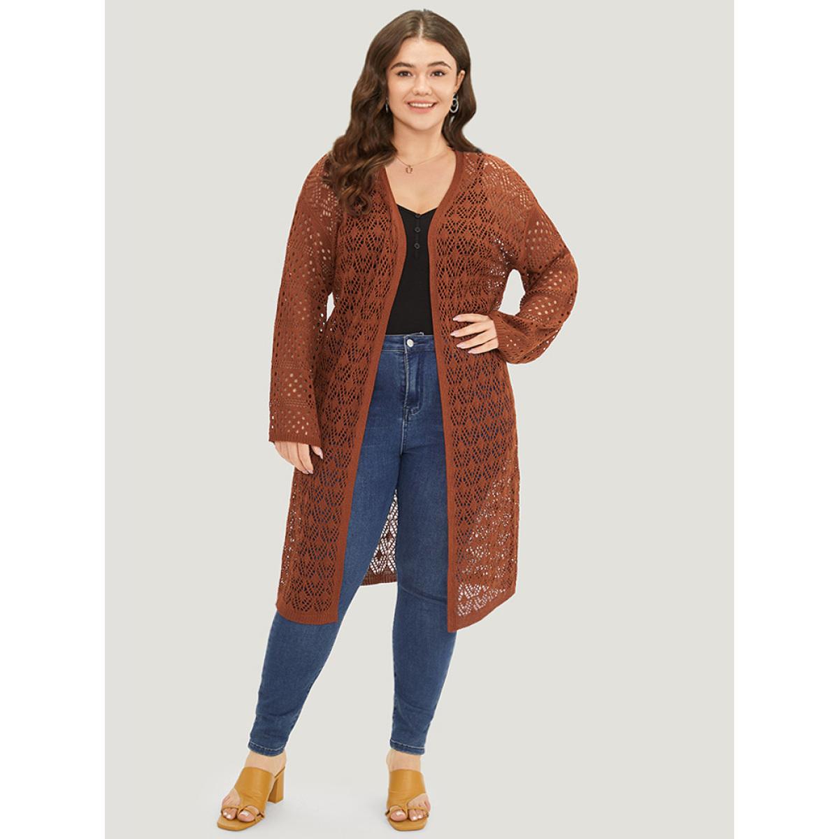 Plus Size Plain Hollow Out Split Side Maxi Cardigan Maroon Women Casual Loose Long Sleeve Dailywear Cardigans BloomChic 10/M Product Image