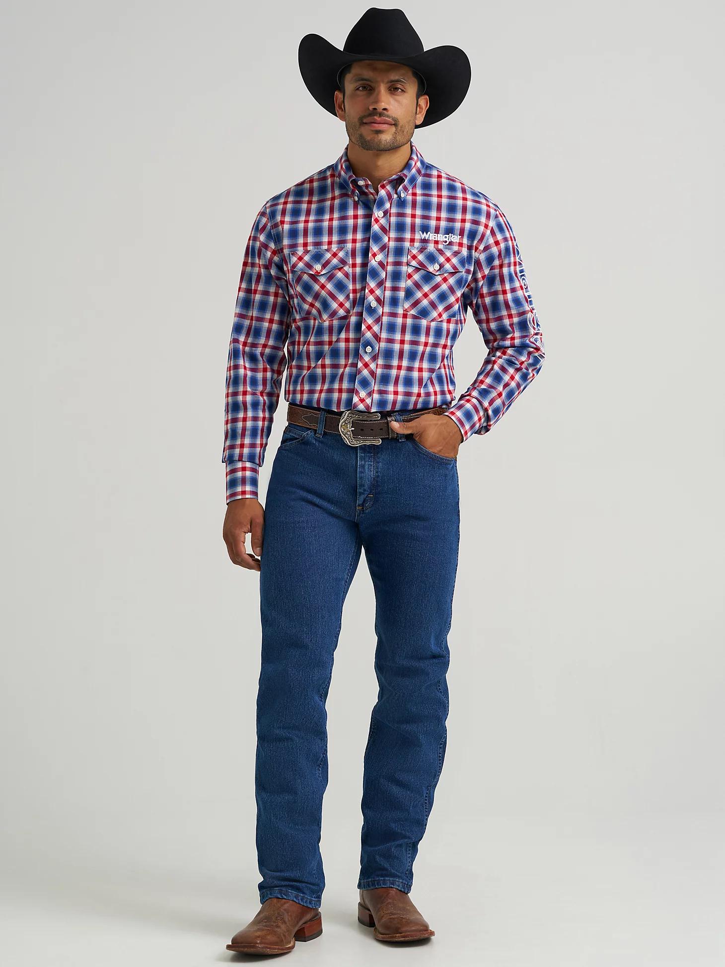 Men's Wrangler® Logo Long Sleeve Button-Down Plaid Shirt in Americana Product Image