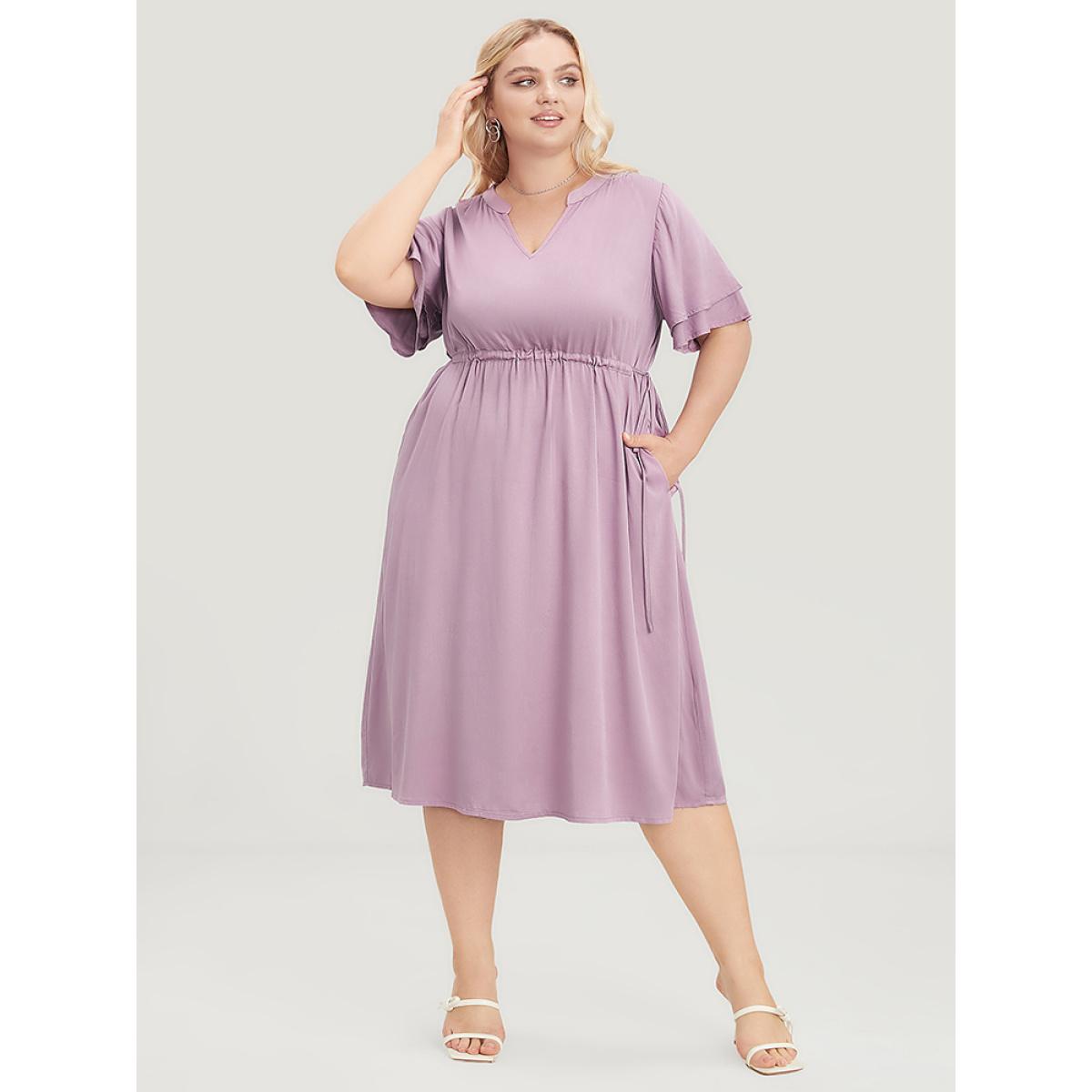 Plus Size Solid V Neck Ruffle Tiered Sleeve Pocket Drawstring Dress Mauve Women Office Drawstring V-neck Short sleeve Curvy Midi Dress BloomChic 14-16/1X Product Image