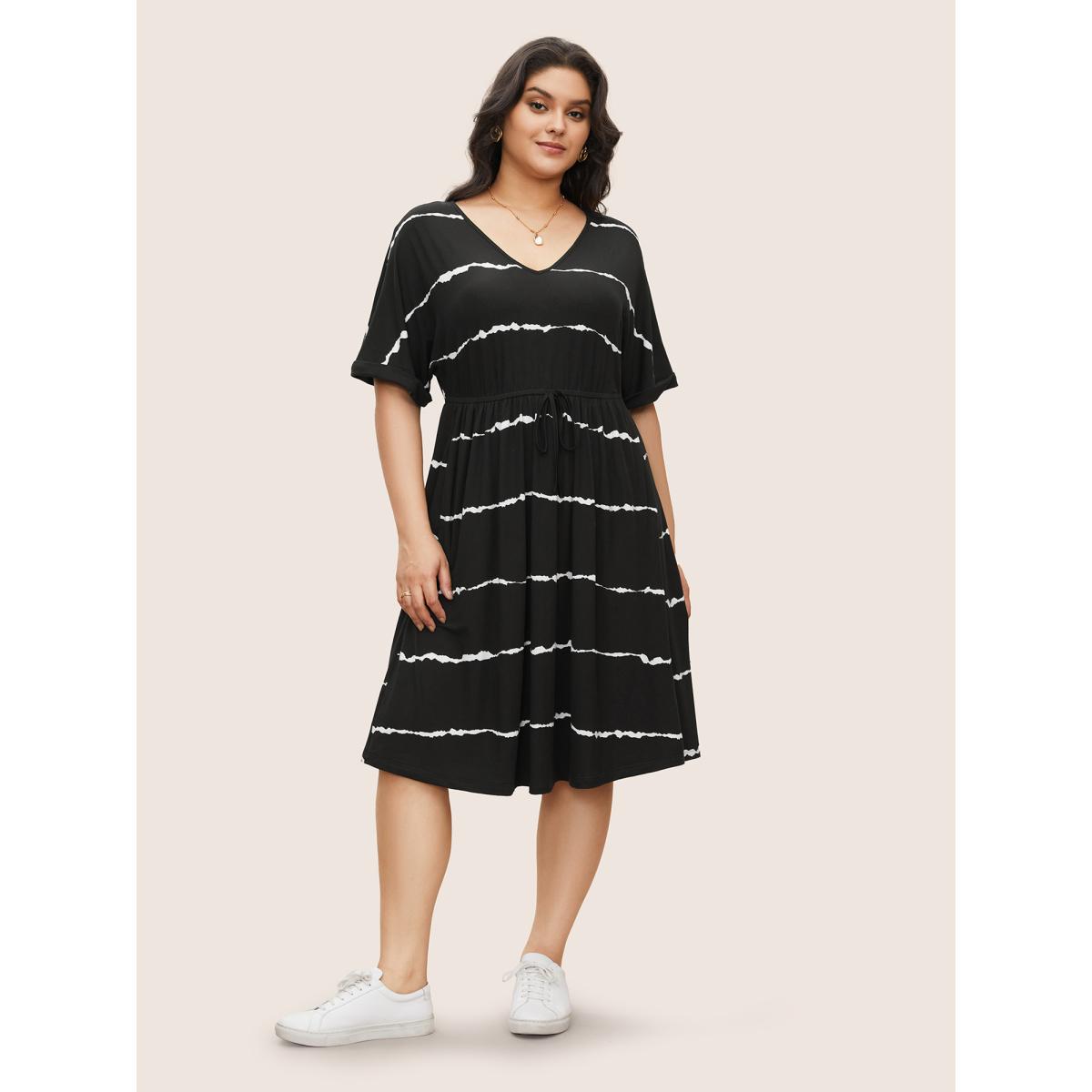 Plus Size Tie Dye Roll Dolman Sleeve Pocket Gathered Knot Striped Dress Black Women Casual Non V-neck Short sleeve Curvy Midi Dress BloomChic 10/M Product Image