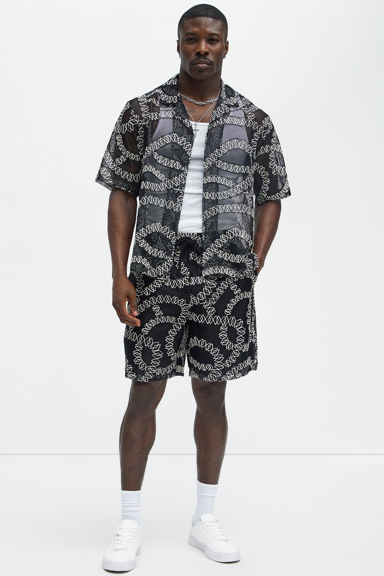 Embroidered Netting Relaxed Shorts - Black Product Image