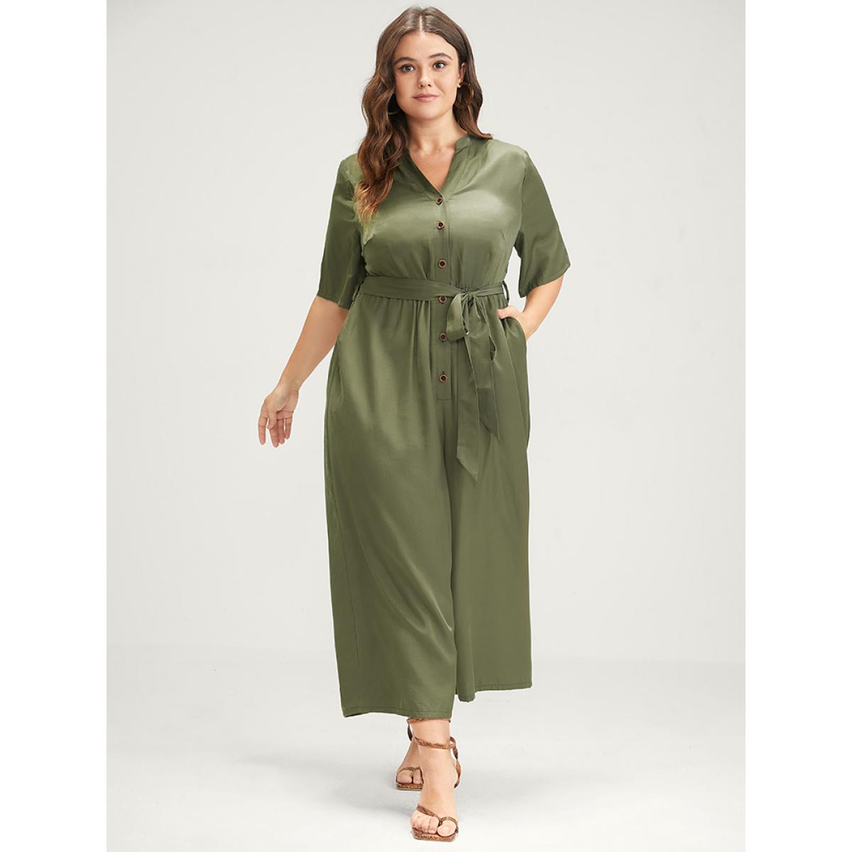 Plus Size ArmyGreen Solid Pocket Button Belted Jumpsuit Women Office Half Sleeve Stand-up collar Office Loose Jumpsuits BloomChic 12/L Product Image