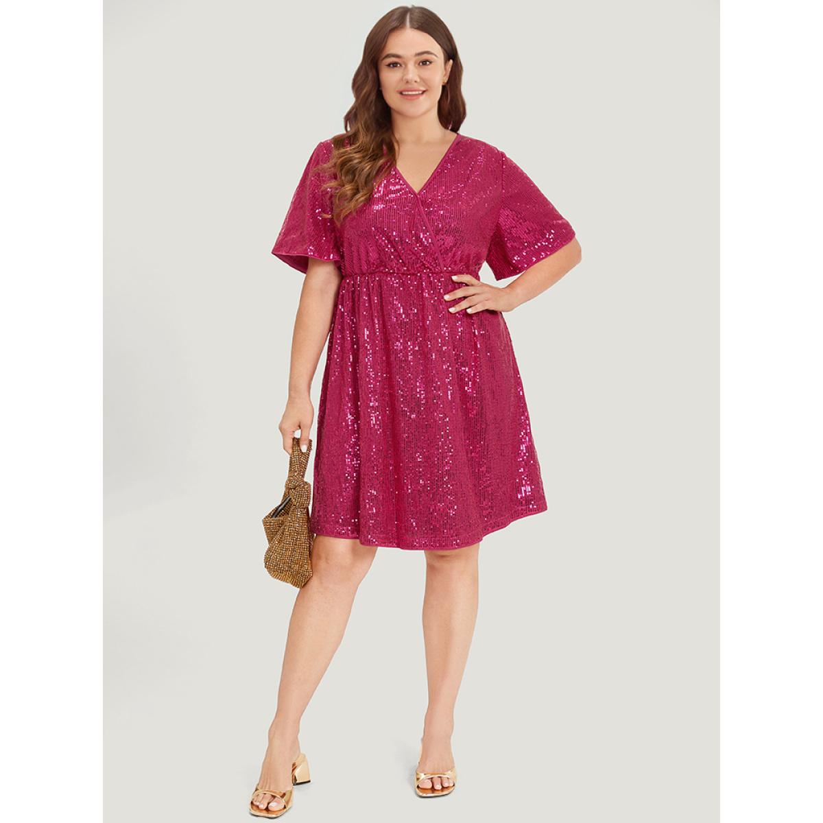 Plus Size Sequin Overlap Collar Elastic Waist Dress RedViolet Women Party Wrap Overlap Collar Short sleeve Curvy Midi Dress BloomChic 18-20/2X Product Image