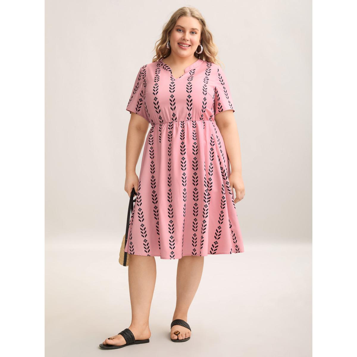 Plus Size Boho Striped Split Neck Midi Dress Blush Women Resort Non Flat collar with V-notch Short sleeve Curvy BloomChic 30/6X Product Image