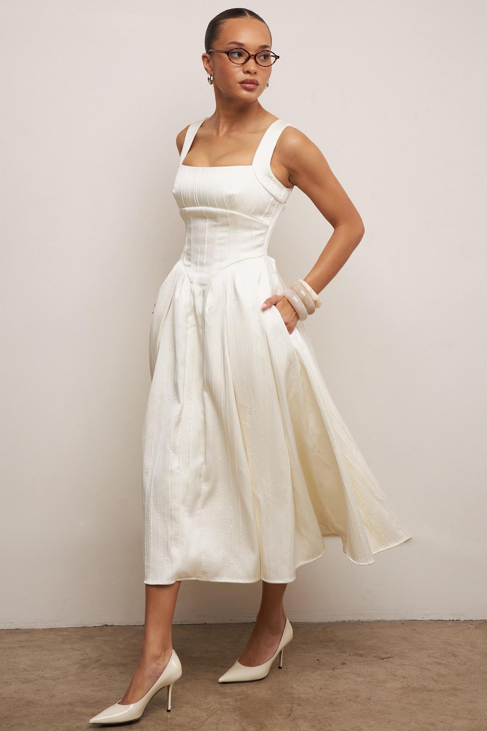 Isabeau  ivory textured satin corset midi dress Product Image