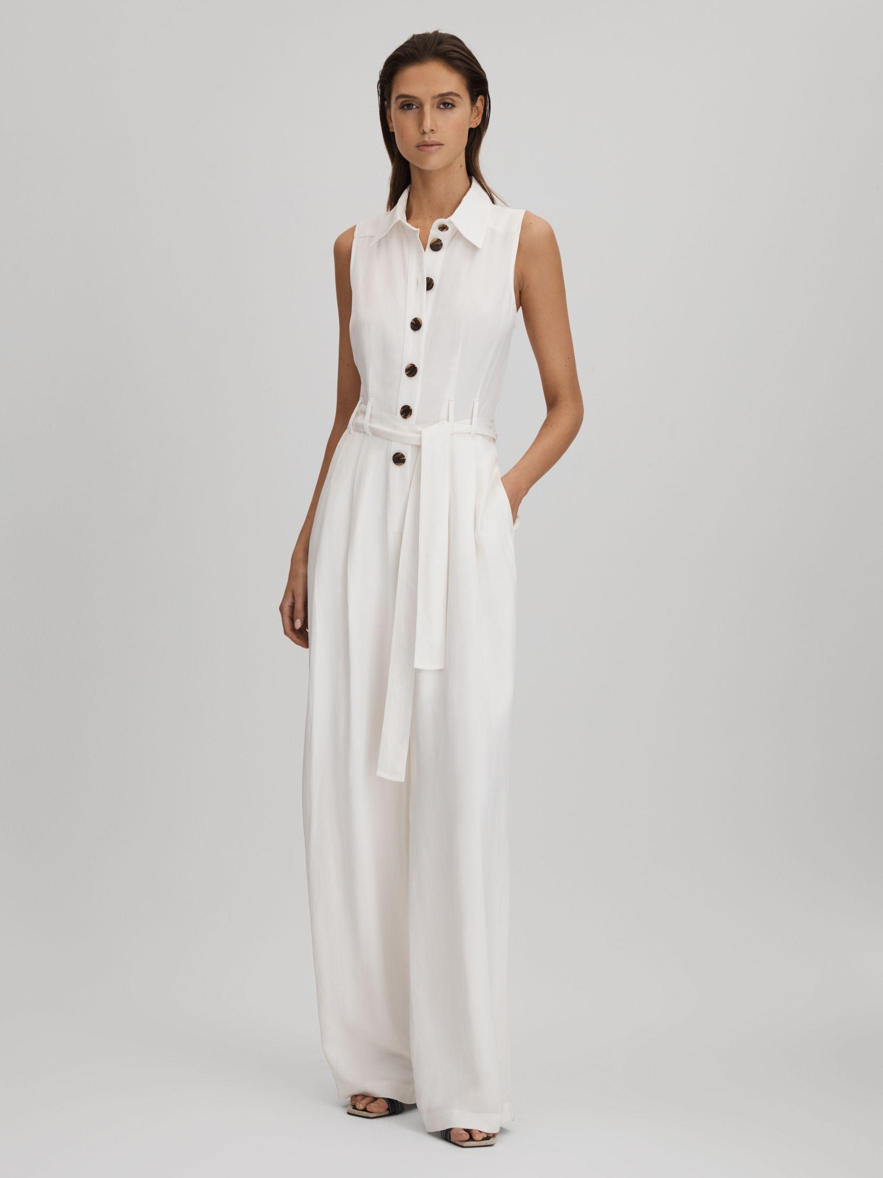 Petite Belted Wide Leg Jumpsuit in White Product Image