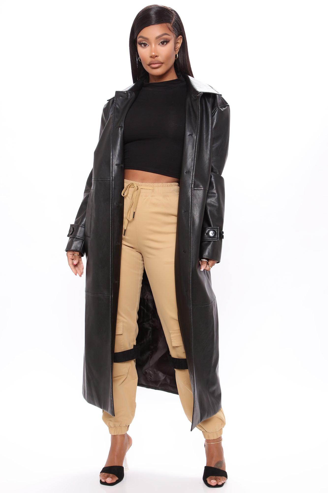 Gimme A Clue Faux Leather Trench Coat - Black Female Product Image