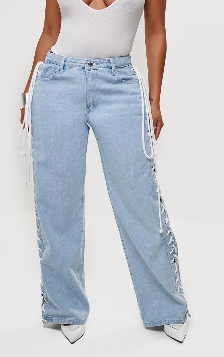 Shape Light Blue Wash Denim Lace Up Detail Wide Leg Jeans Product Image