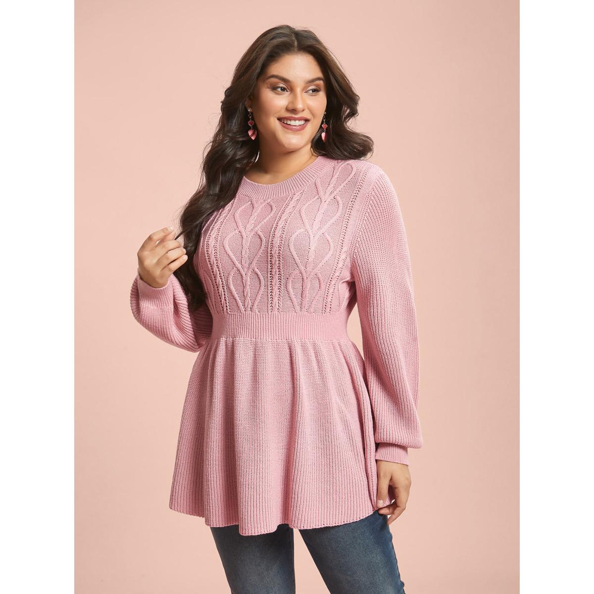 Plus Size Textured Cable-Knit Waist Cinched Pullover Nudepink Women Romantic Bodycon Long Sleeve Round Neck Elegant Pullovers BloomChic 18-20/2X Product Image