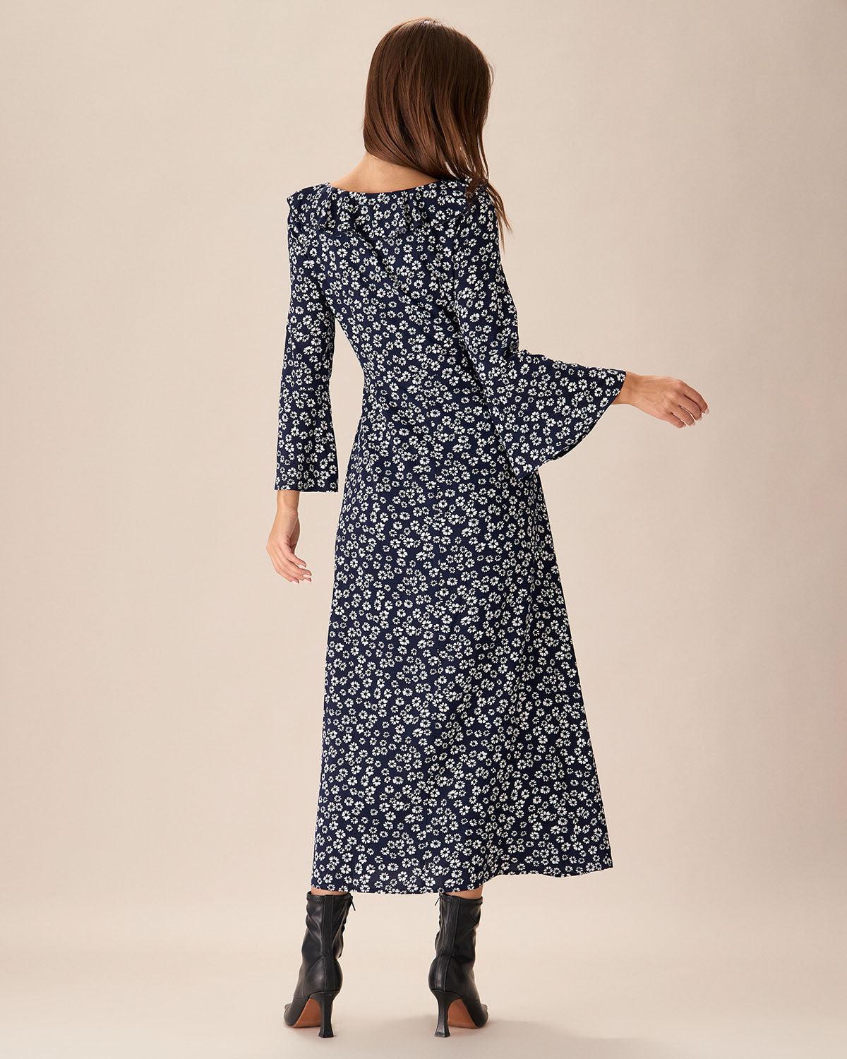 Blue Floral Ruffle Chiffon Maxi Dress Product Image