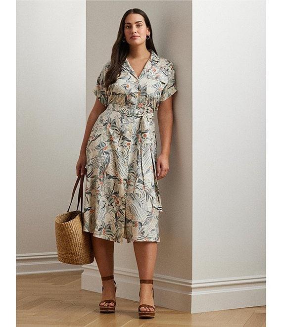 Lauren Ralph Lauren Plus Size Crepe de Chine Abstract Print Camp Collar Short Sleeve Belted Shirt Dress Product Image