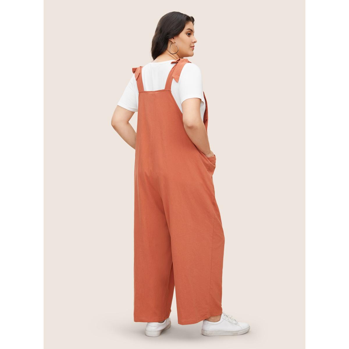 Plus Size Rust Solid Pleated Detail Pocket Knotted Shoulder Overall Jumpsuit Women Casual Sleeveless Non Everyday Loose Jumpsuits BloomChic 14-16/1X Product Image