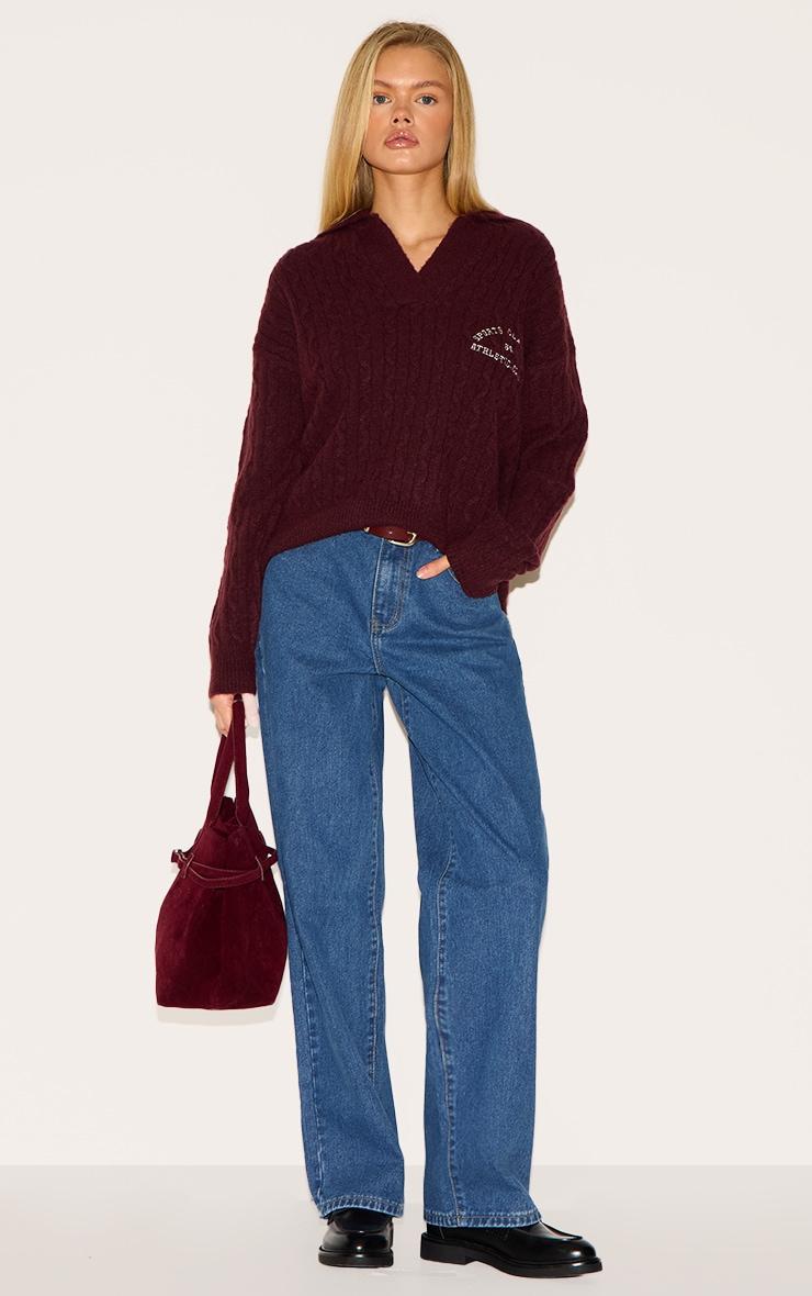 Burgundy Soft Cable Knit Embroidered Collar Detail Oversized Sweater Product Image