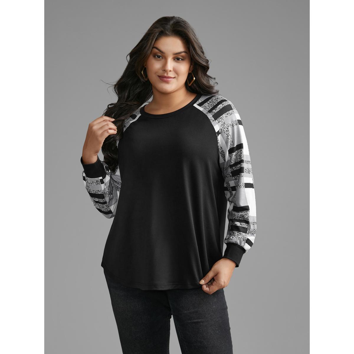 Plus Size Colorblock Contrast Raglan Sleeve Sweatshirt Women Black Casual Contrast Loose Round Neck Everyday Sweatshirts BloomChic 12/L Product Image