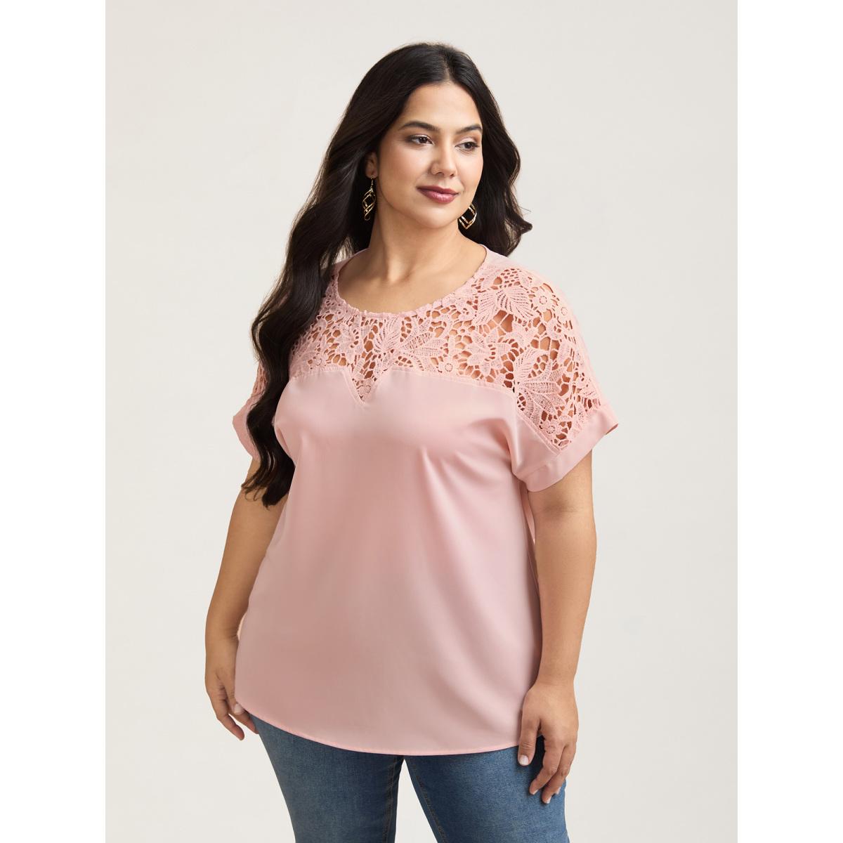 Plus Size Nudepink Sheer Lace Neck Half Sleeve Shirt Women Elegant Short sleeve Round Neck Everyday Blouses BloomChic 18-20/2X Product Image