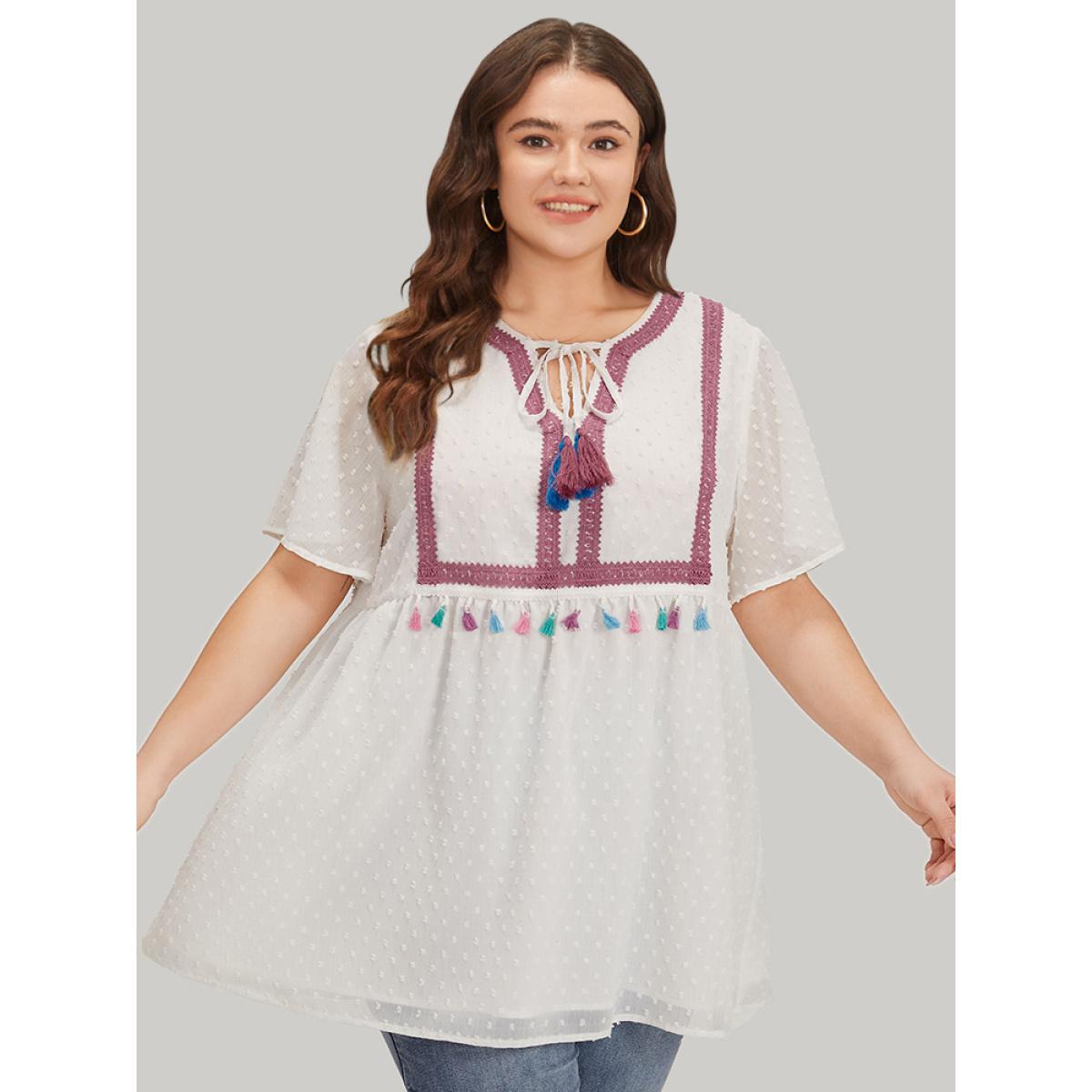 Plus Size White Polka Dot Tassels Ties Mesh Patchwork Contrast Blouse Women Vacation Short sleeve V-neck Dailywear Blouses BloomChic 10/M Product Image