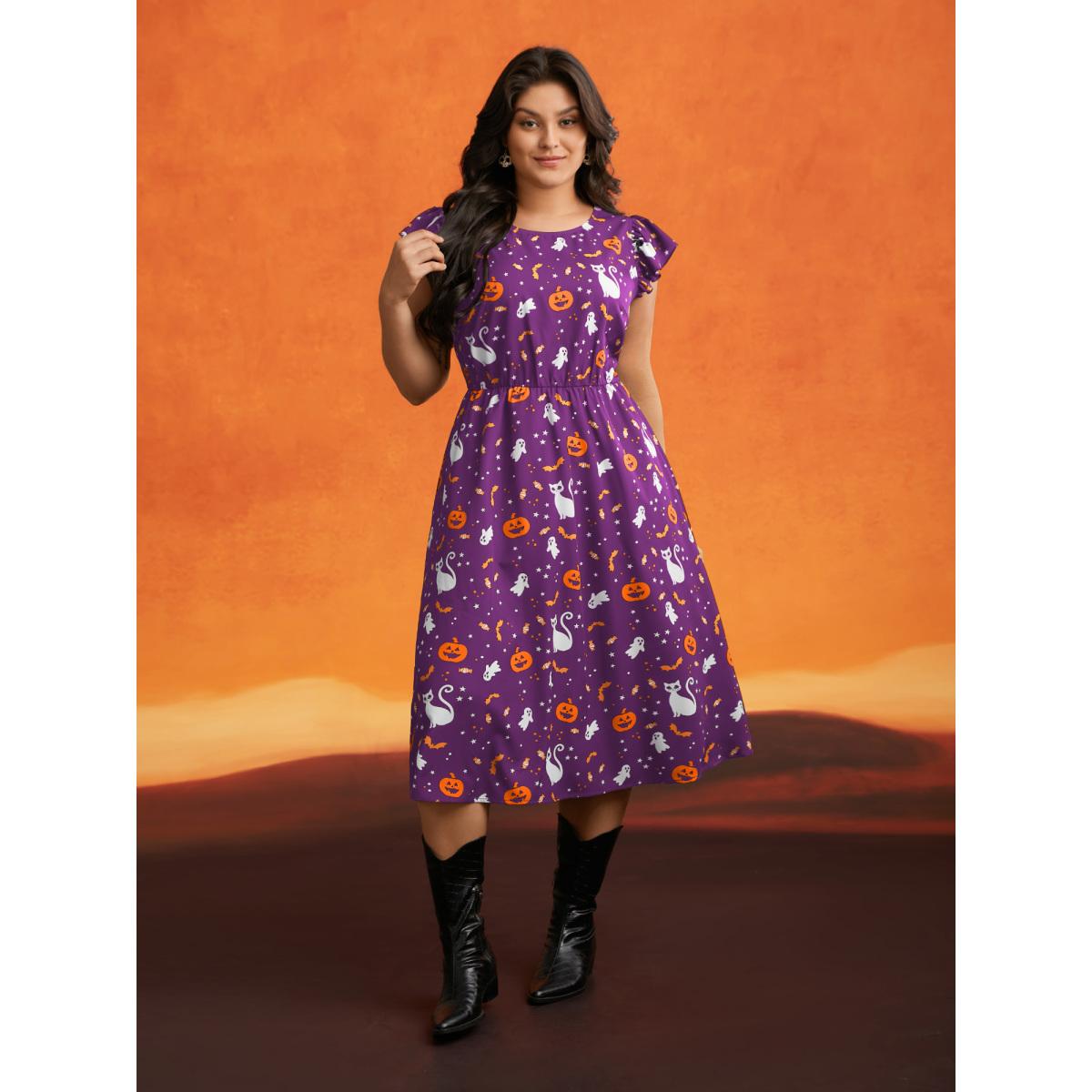 Plus Size Pumpkin Printed Ruffle Sleeves Midi Dress Deeppurplered Women Playful Ruffles Party Curvy Bloomchic 18-20/2X Product Image
