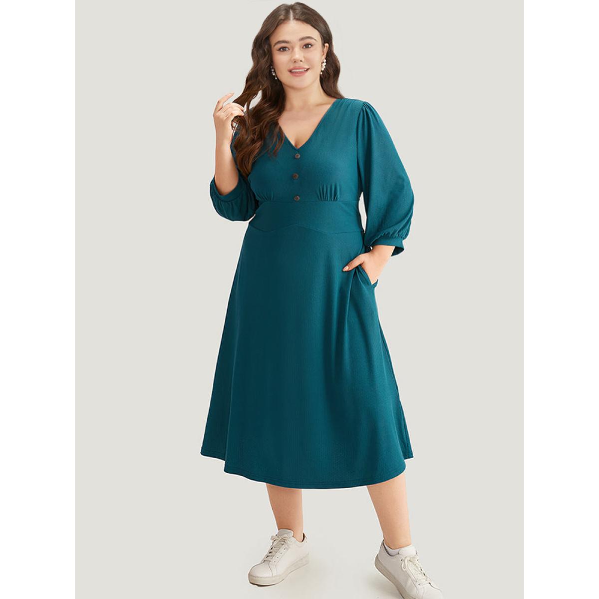 Plus Size Rib Knit Bowknot Ties Button Detail Gathered Dress Aegean Women Casual Plain V-neck Elbow-length sleeve Curvy Midi Dress BloomChic 22-24/3X Product Image