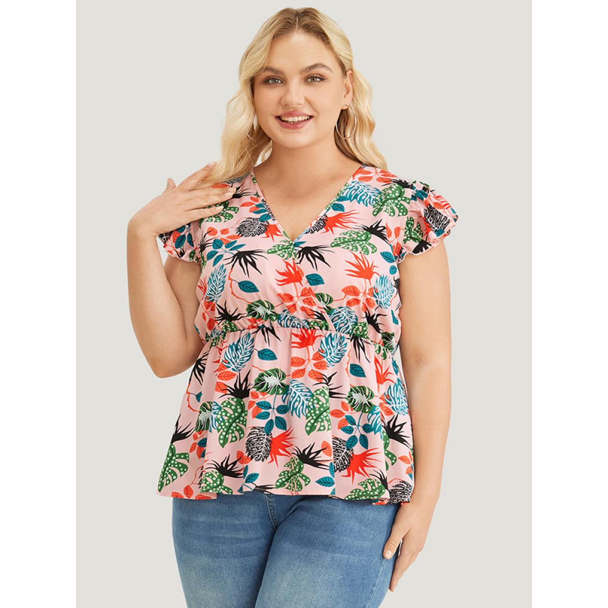 Plus Size Watermelon Plant Print Cap Sleeve Ruffle Wrap Blouse Women Elegant Cap Sleeve V-neck Dailywear Blouses BloomChic 28/5X Product Image