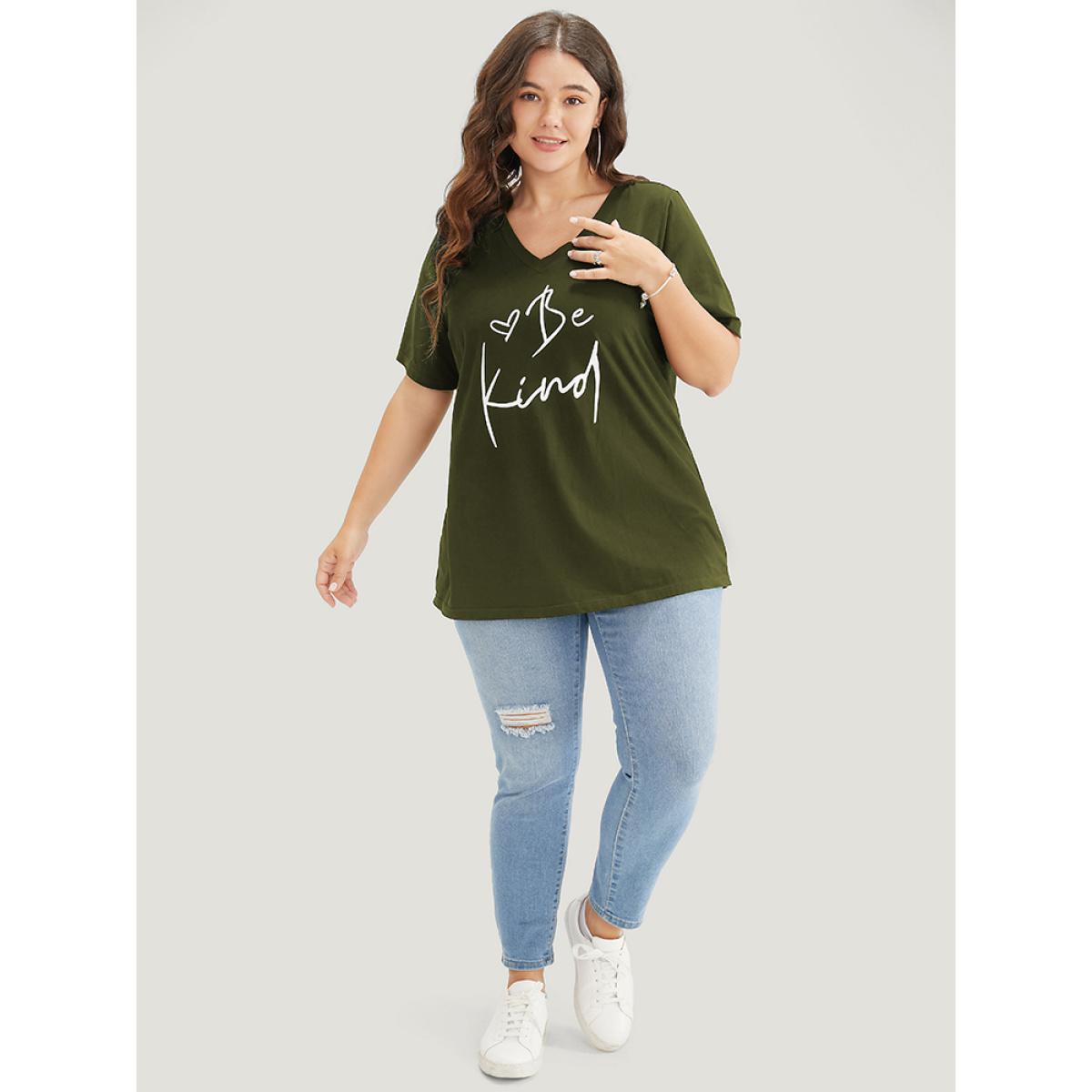 Plus Size Letter & Heart Print V Neck T-shirt ArmyGreen Women Casual Letter Dailywear T-shirts BloomChic 10/M Product Image
