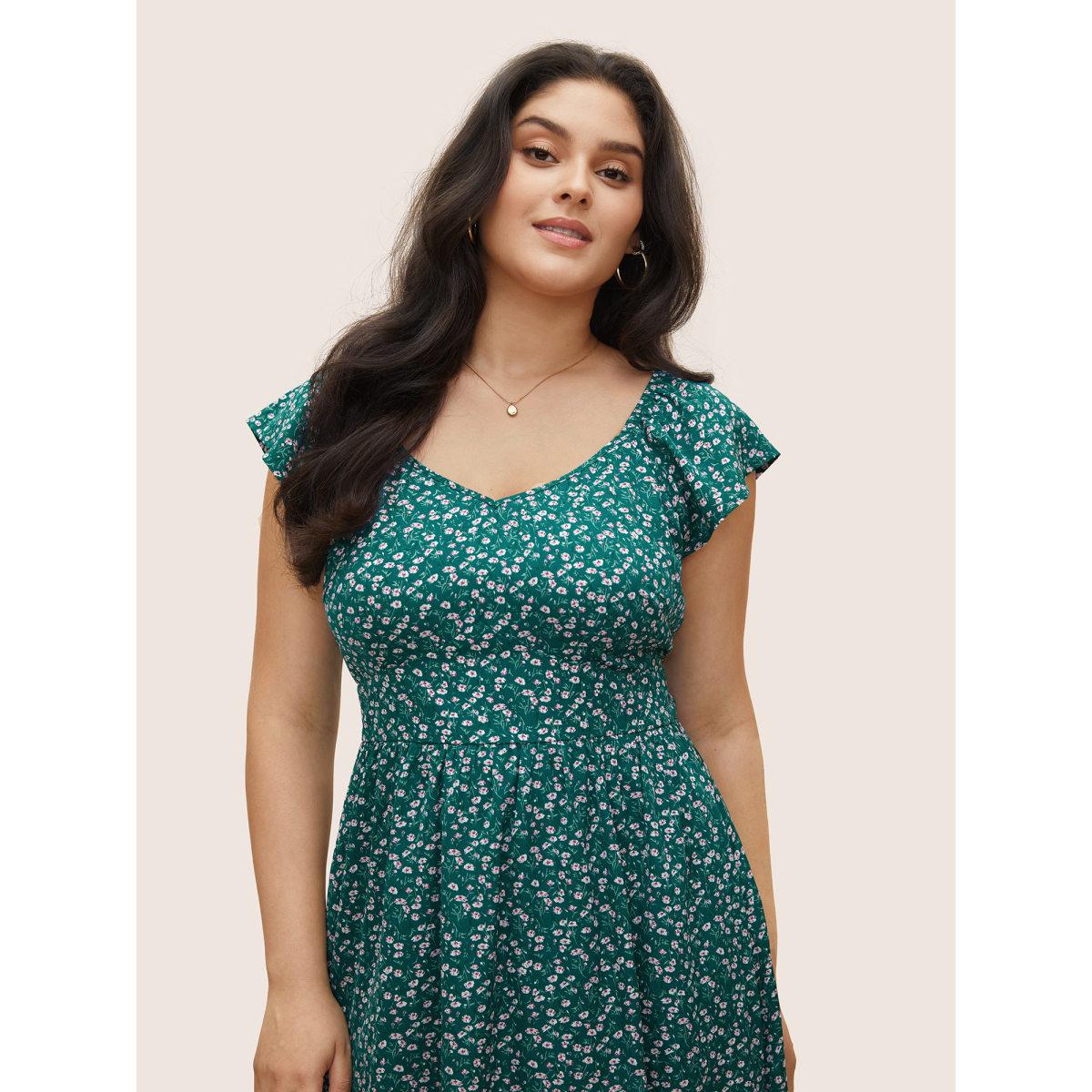 Plus Size Ditsy Floral Shirred Elastic Waist Split Hem Dress Teal Women Elegant Non Cap Sleeve Curvy Midi Dress BloomChic 28/5X Product Image