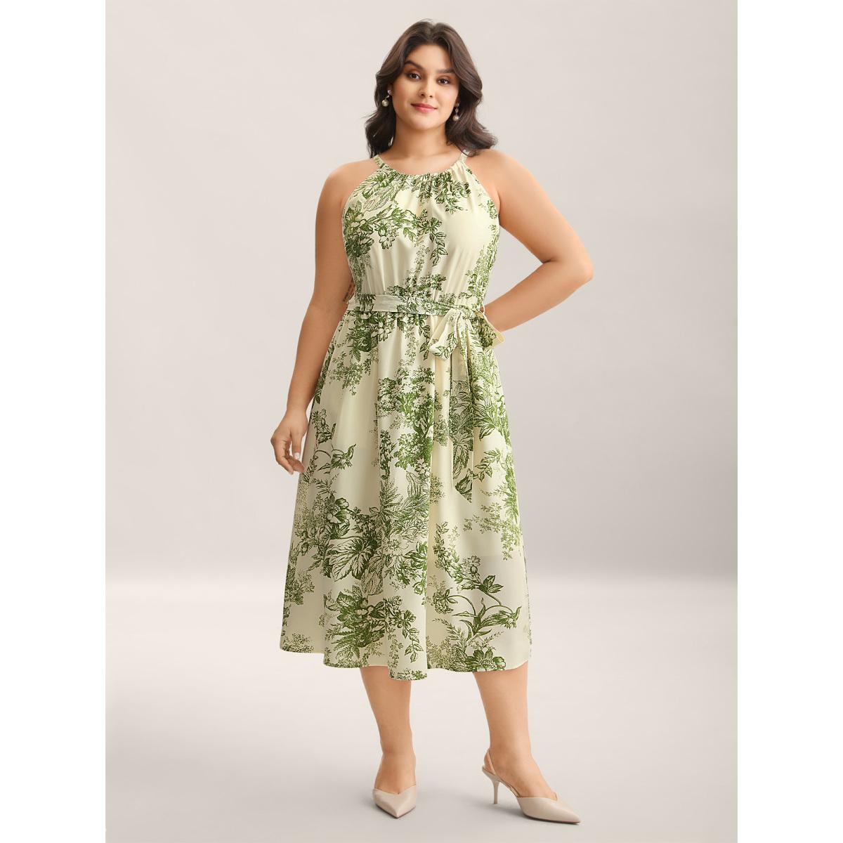 Plus Size Spring Time Florals Sleeveless Midi Dress Moss Women Elegant Gathered Halter neck Sleeveless Curvy BloomChic 30/6X Product Image