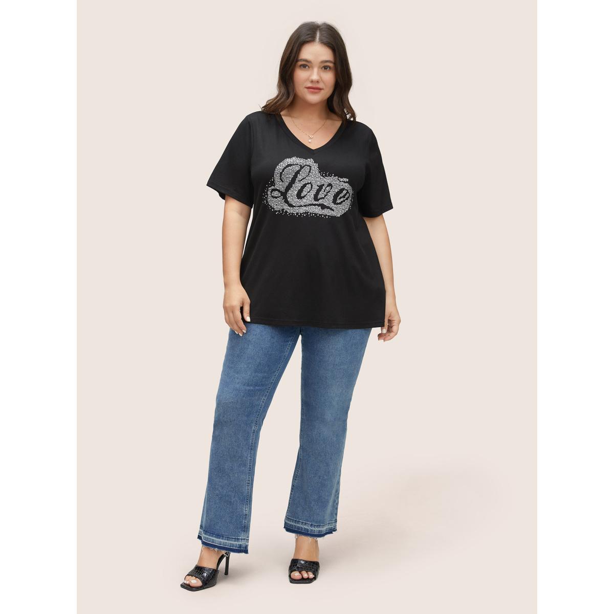 Plus Size Love Rhinestone V Neck T-shirt Black Women Casual Rhinestone detailing Art&design Everyday T-shirts BloomChic 12/L Product Image