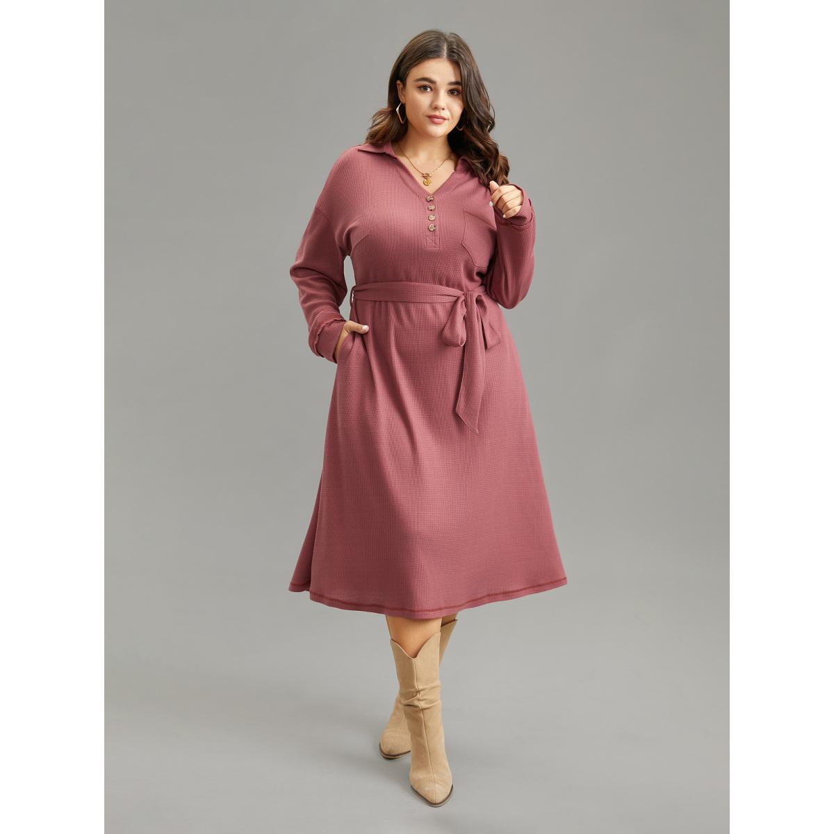 Plus Size Waffle Knit Belted Lapel Collar Pocket Dress Rouge Women Casual Waffle Knit Lapel Collar Long Sleeve Curvy Midi Dress BloomChic 22-24/3X Product Image
