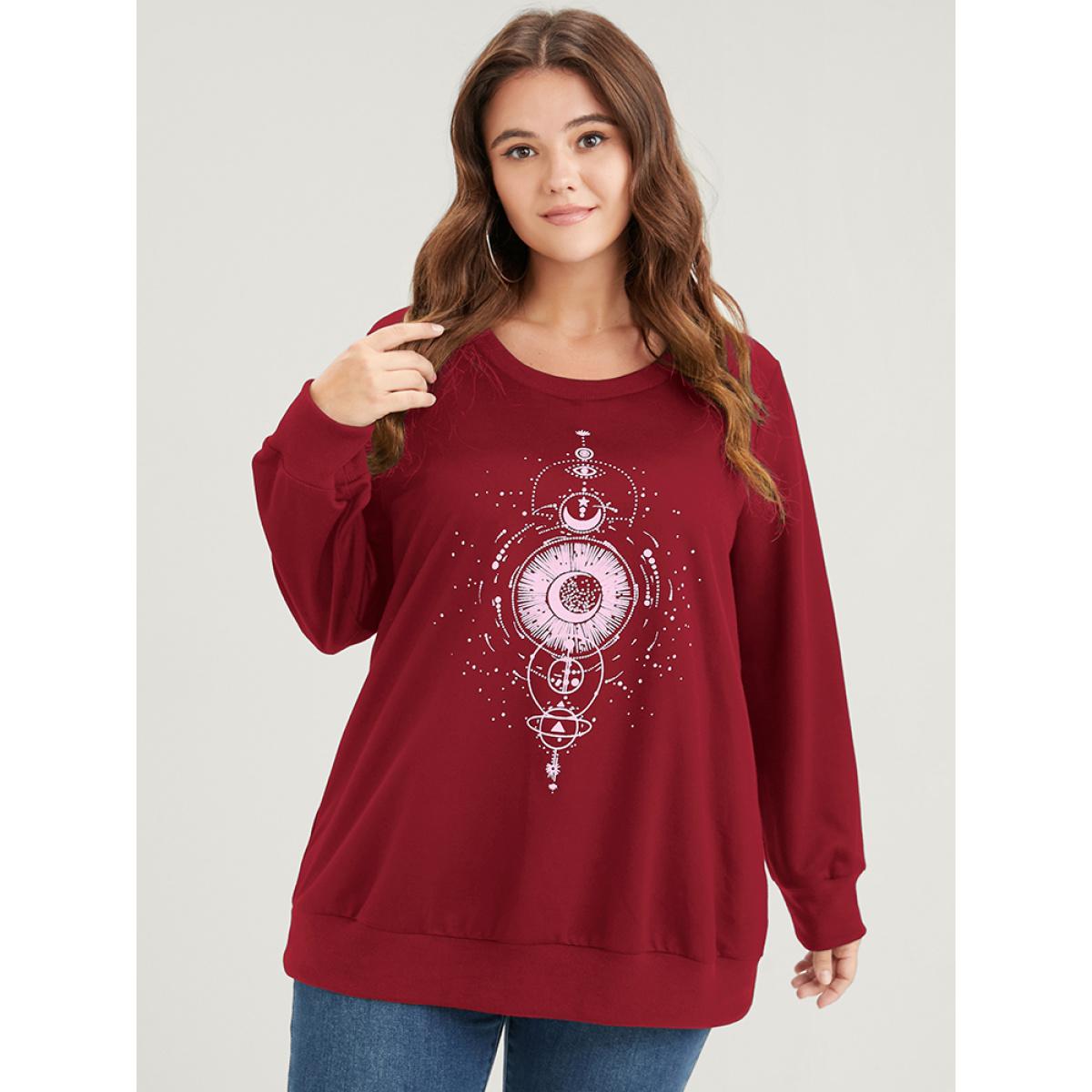 Plus Size Star Print Round Neck Drop Shoulder Sweatshirt Women Burgundy Casual Printed Round Neck Dailywear Sweatshirts BloomChic 26/4X Product Image