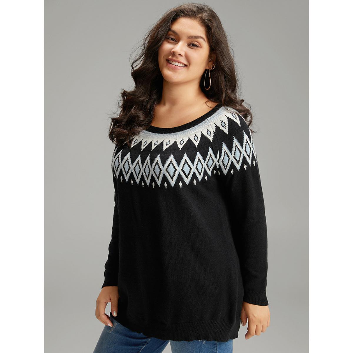 Plus Size Supersoft Essentials Geo Contrast Raglan Sleeve Pullover Black Women Casual Loose Long Sleeve Round Neck Dailywear Pullovers BloomChic 14-16/1X Product Image