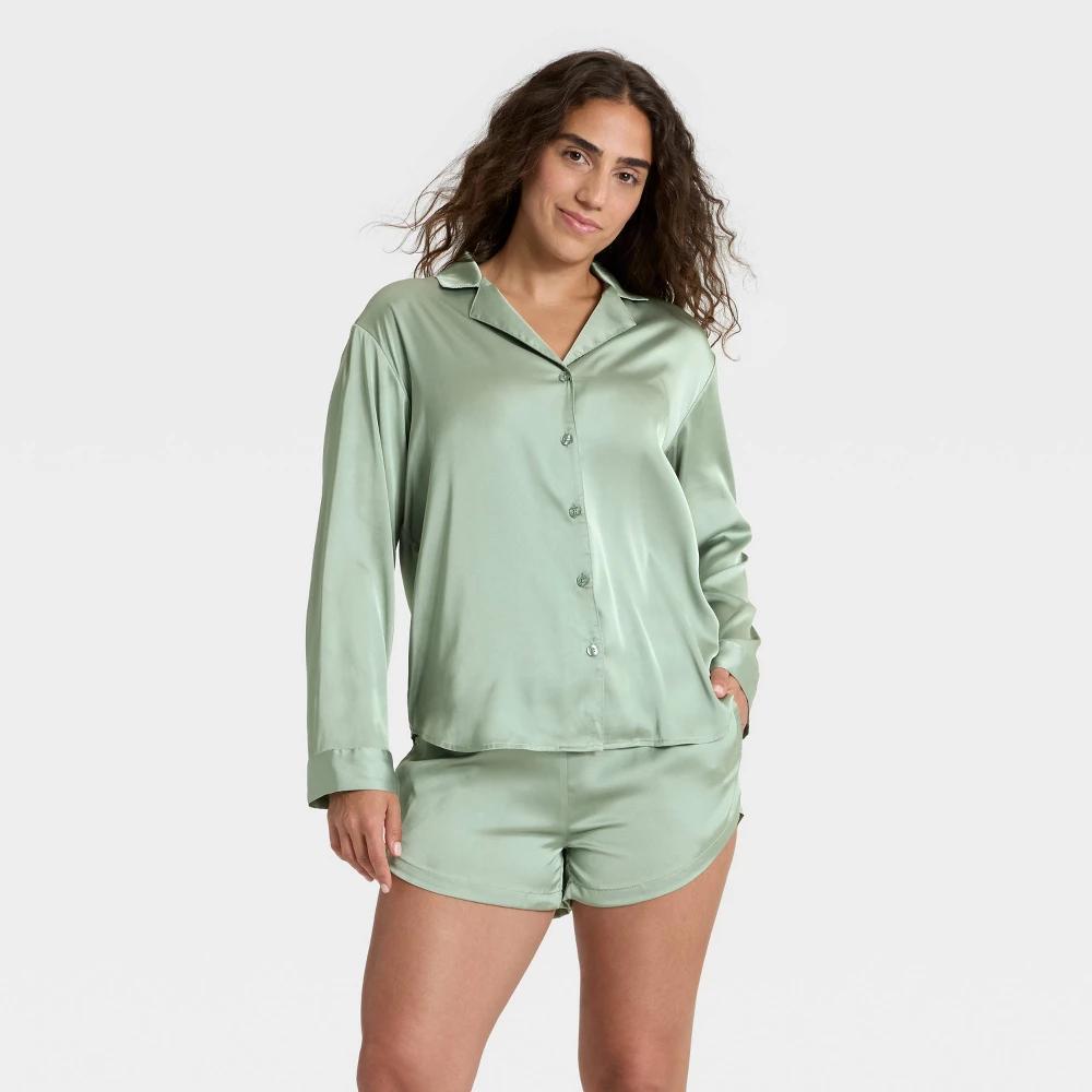 Women's Satin Notch Collar Long Sleeve Shirt and Shorts Pajama Set - Auden™ Green XS Product Image
