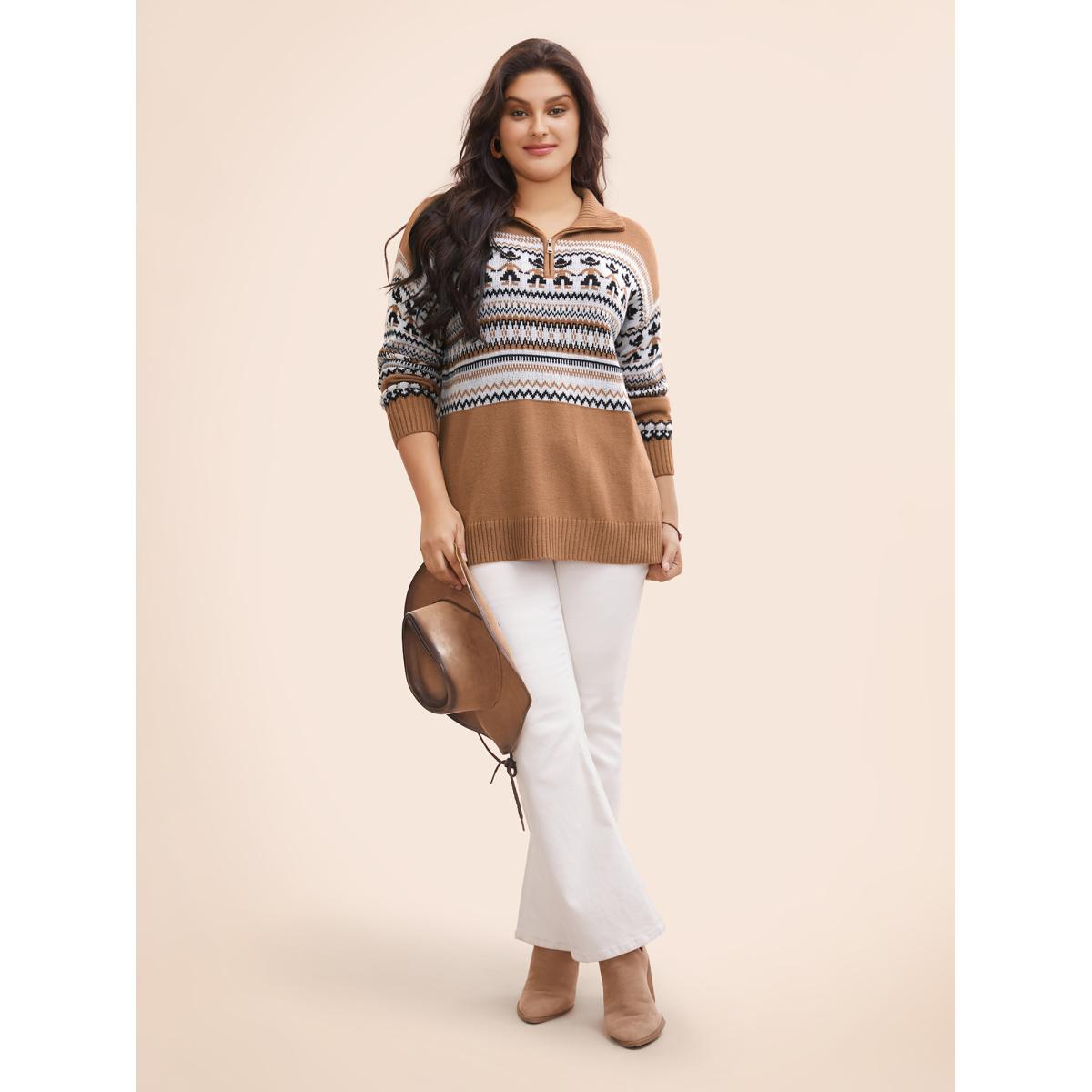 Plus Size Fair Isle Half Zipper Design Pullover Yellowishbrown Women Casual Long Sleeve Lapel Collar Everyday Pullovers BloomChic 14-16/1X Product Image