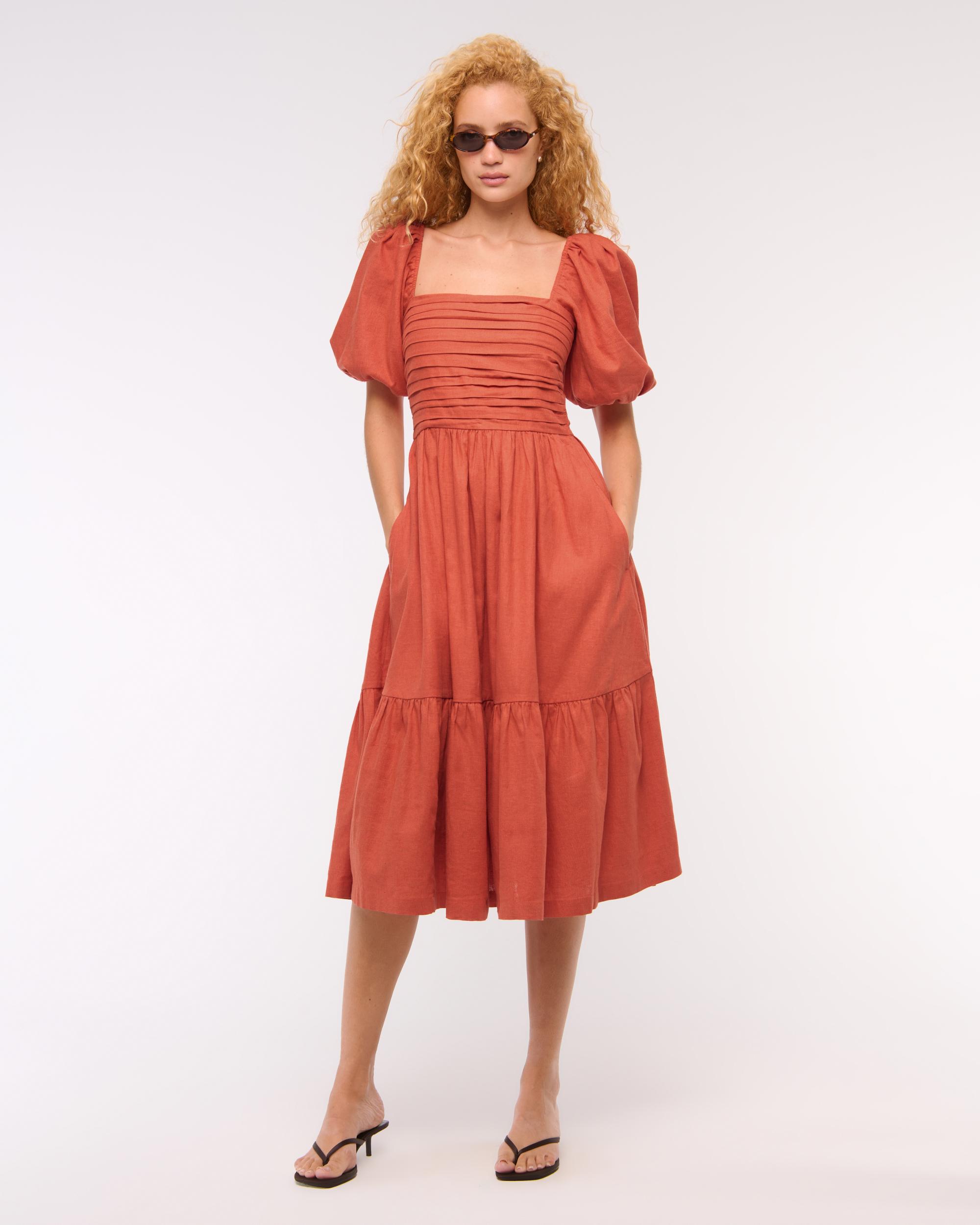 The A&F Emerson Linen-Blend Puff Sleeve Midi Dress Product Image