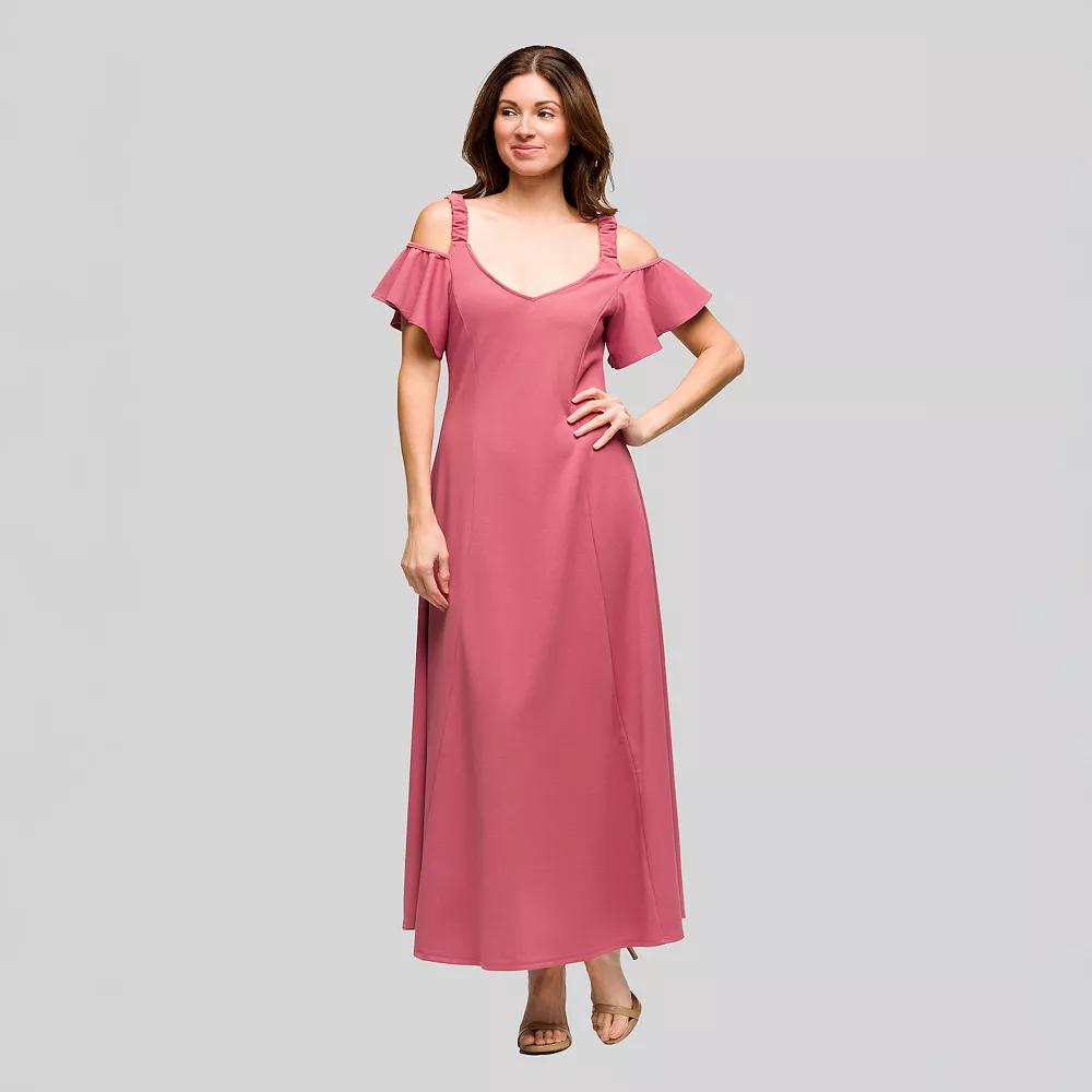 Women's 24Seven Comfort Apparel Cold Shoulder Ruffle Sleeve A-Line Maxi Dress,  Product Image